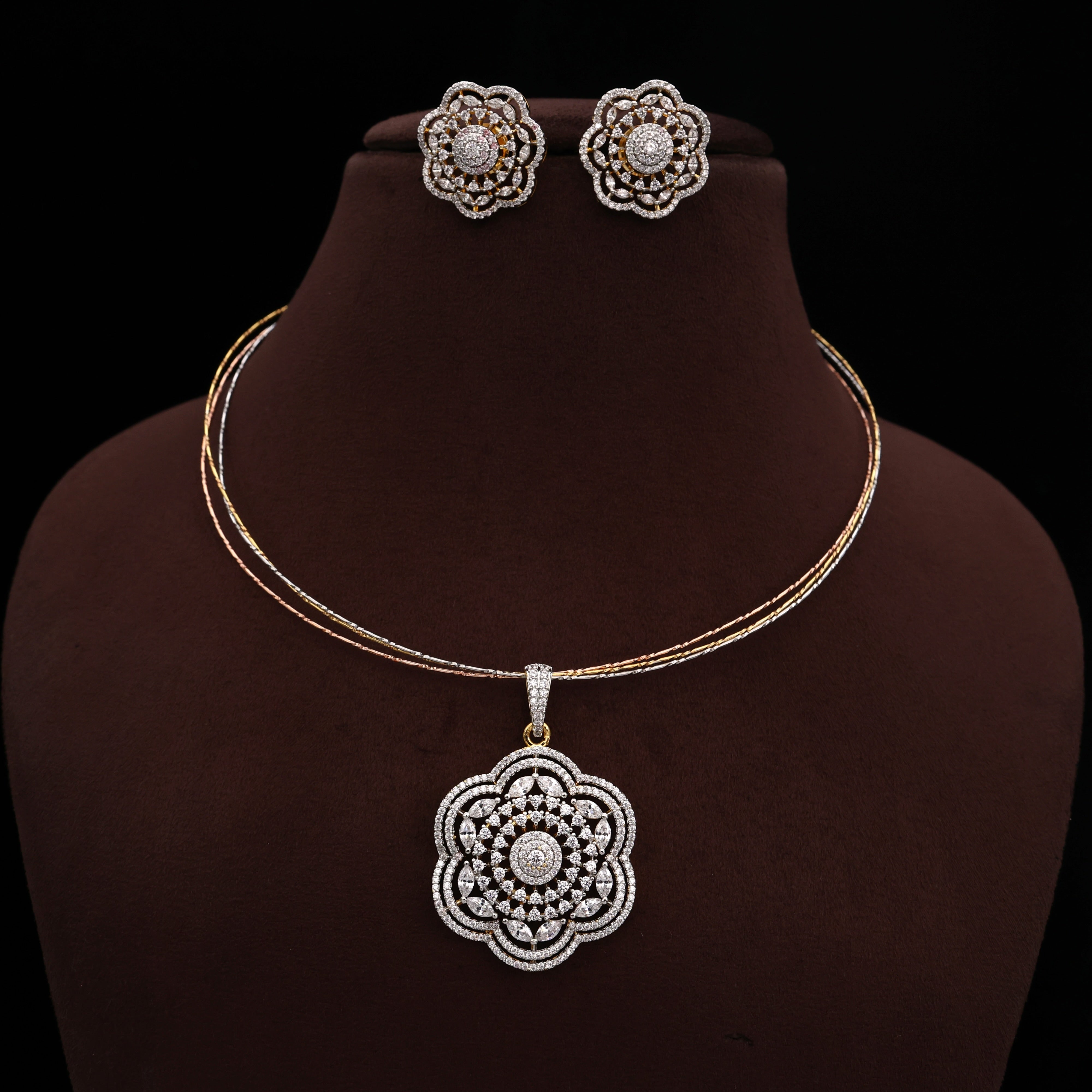 Diamond Look Premium Poo Kolam Flower Pendant 3 Tone Hasli Set
