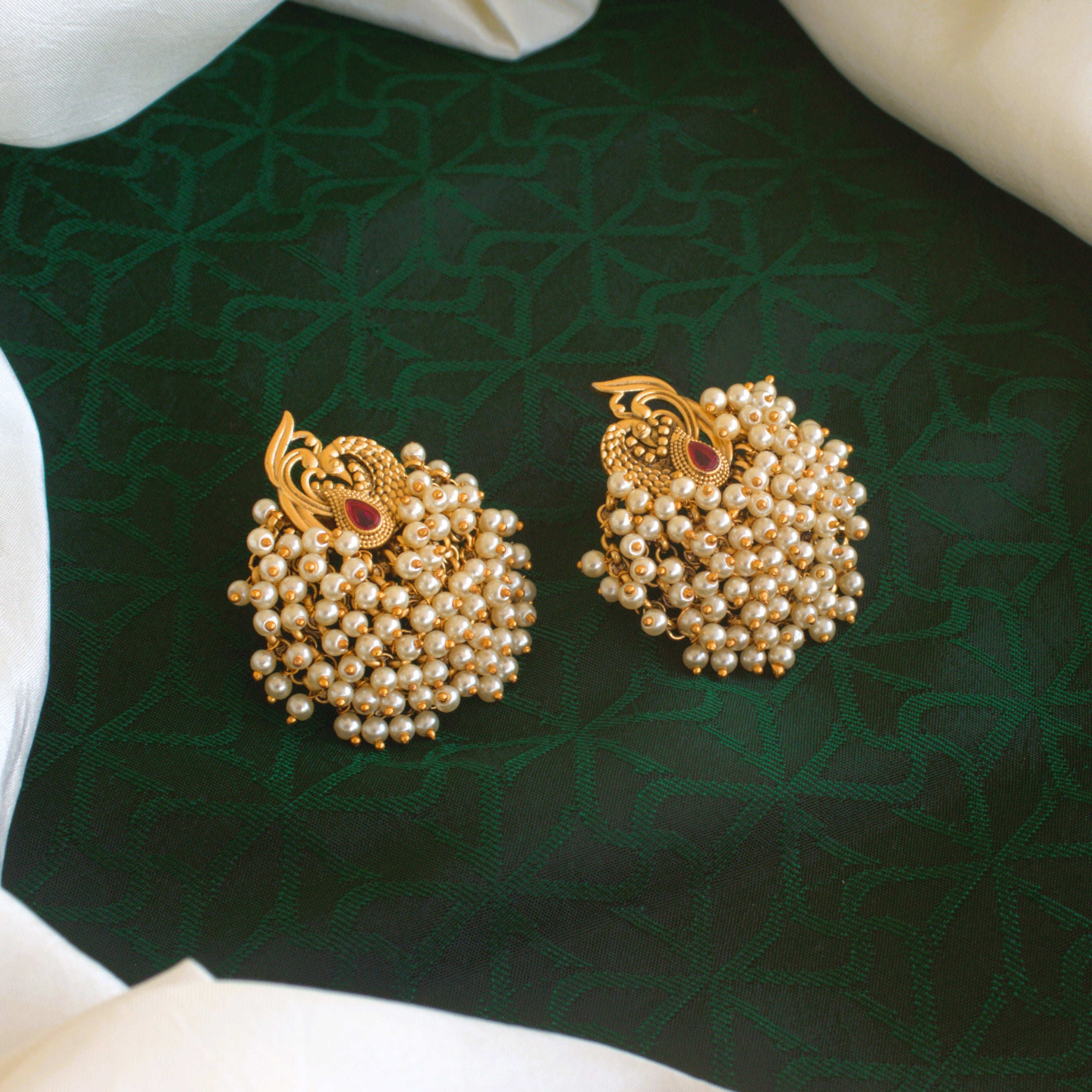 Pearl Bunch Beads Kemp Peacock Antique Gold Earrings