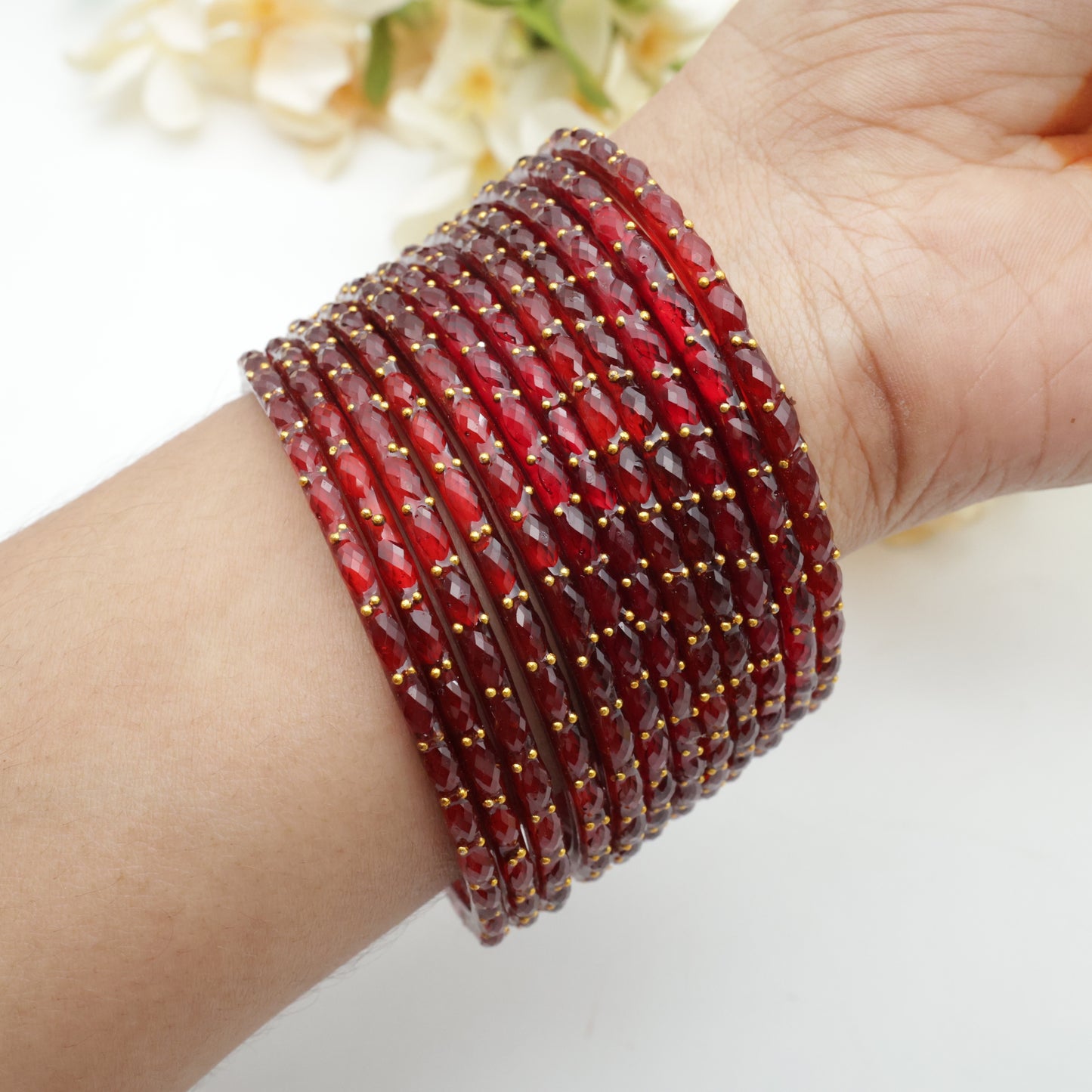 Raindrop Crystal Cut Glass Bangles - Maroon