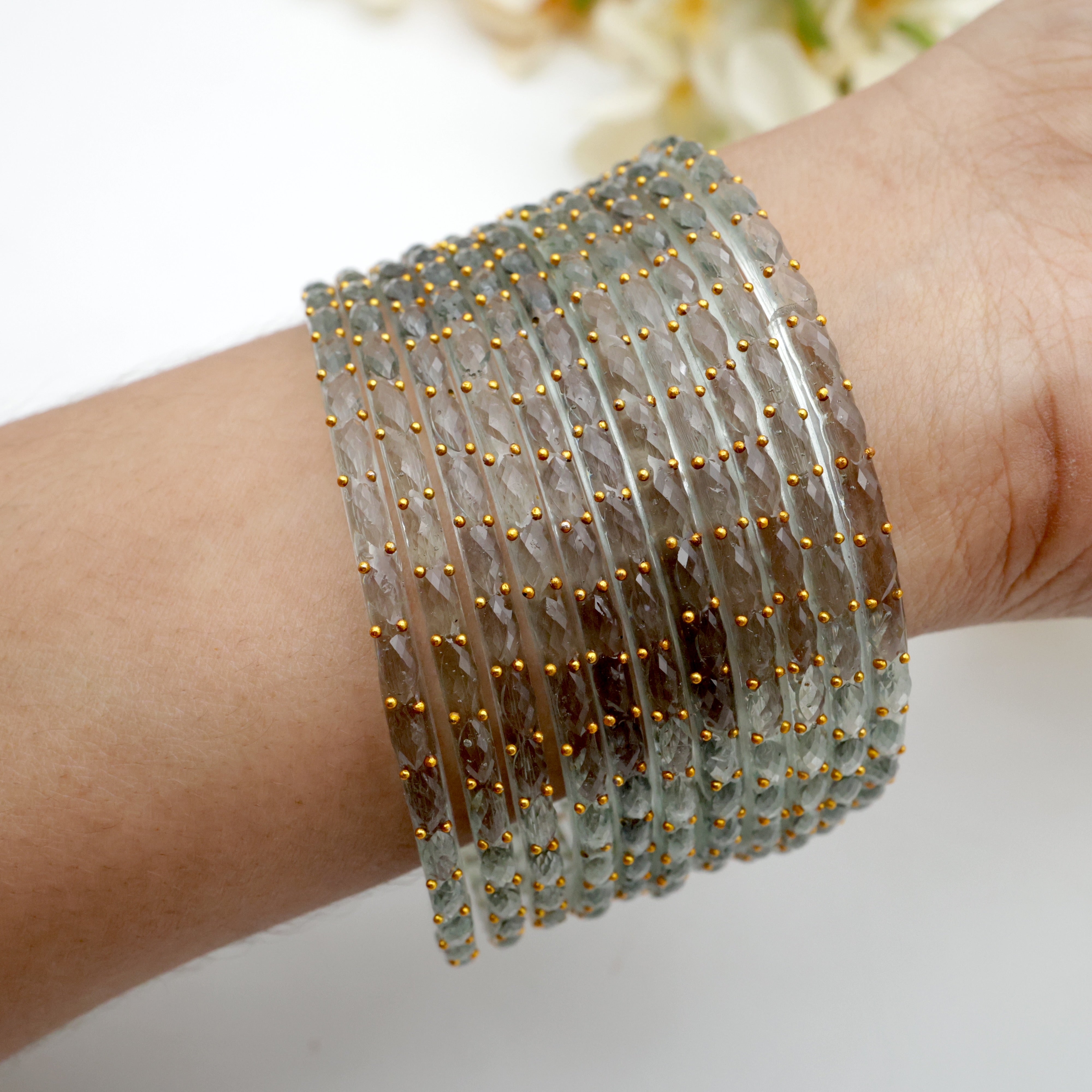 Raindrop Crystal Cut Glass Bangles - Ash Grey