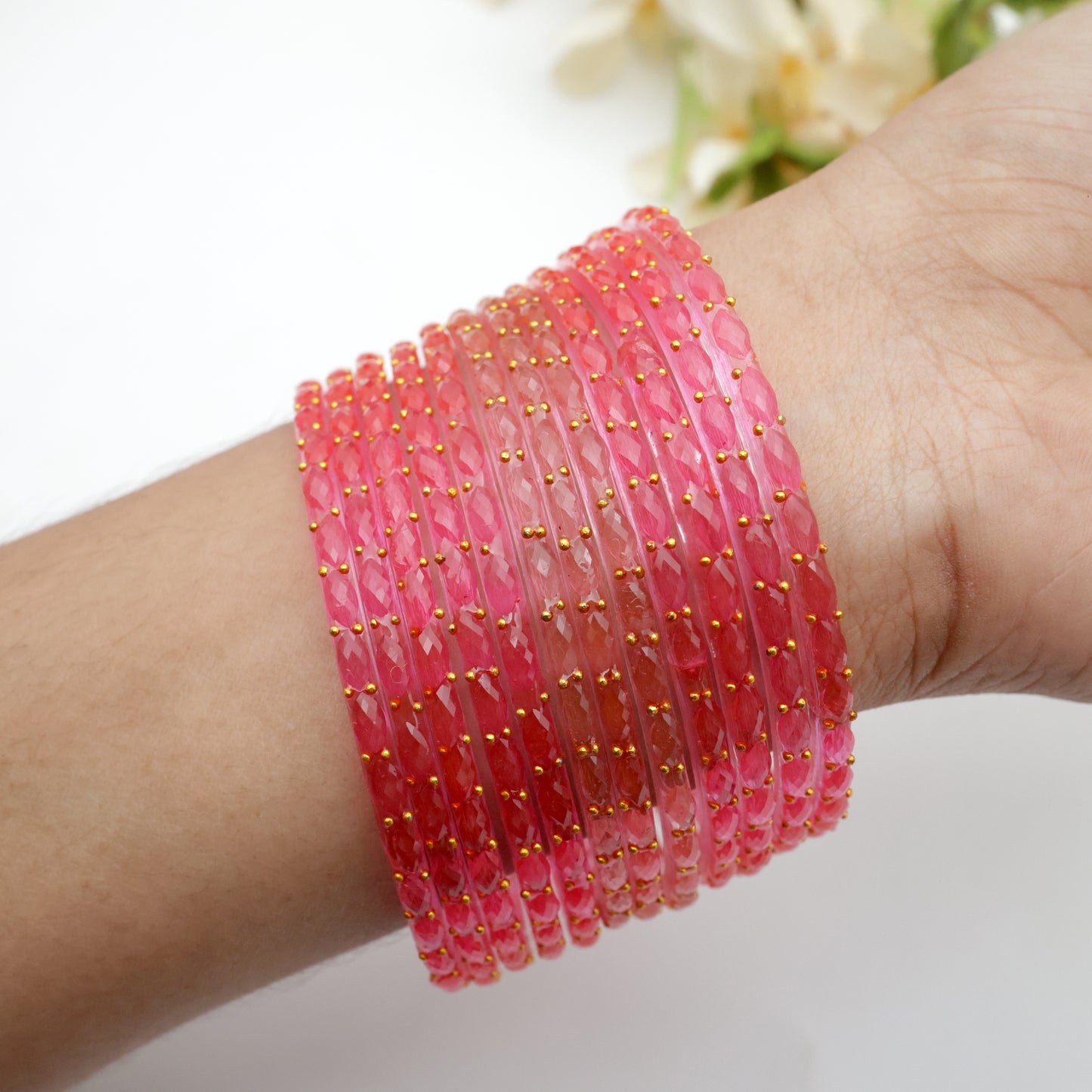 Raindrop Crystal Cut Glass Bangles - Candy Pink