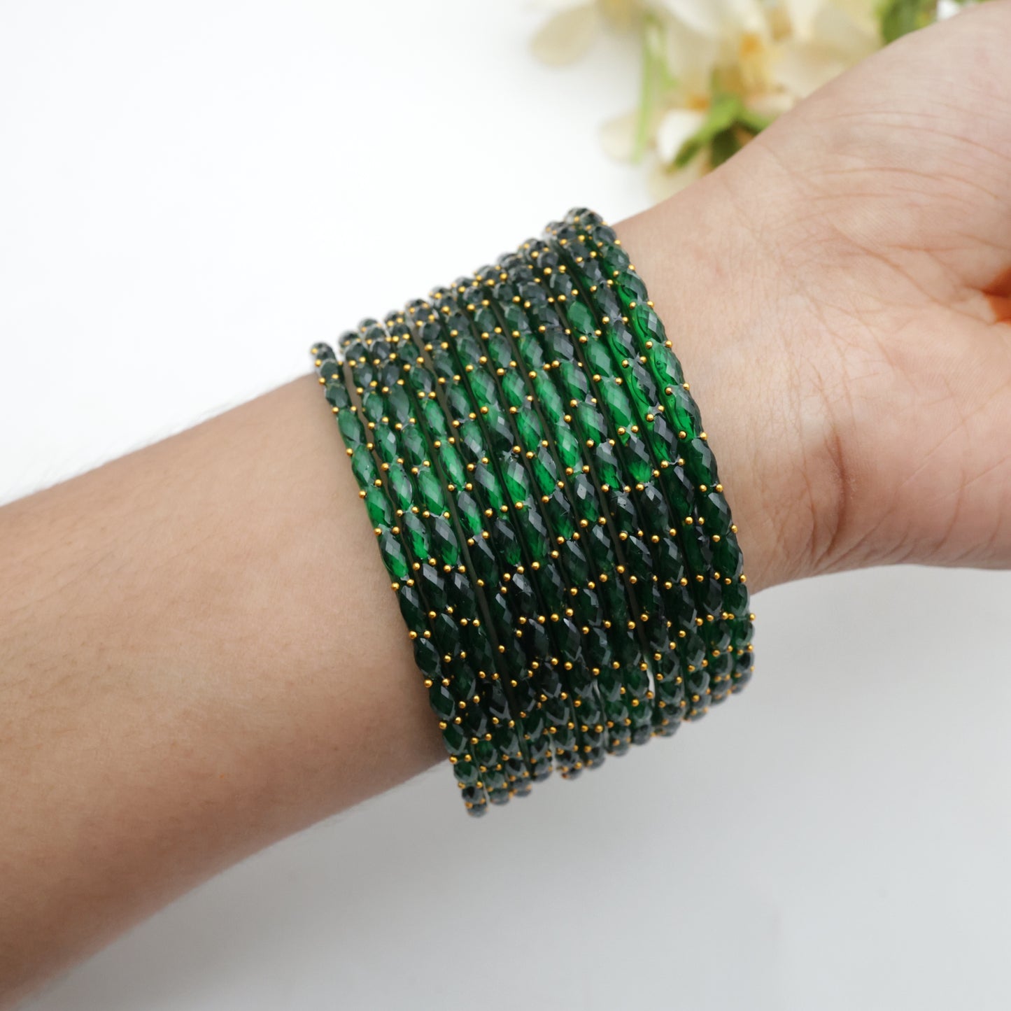 Raindrop Crystal Cut Glass Bangles - Bottle Green