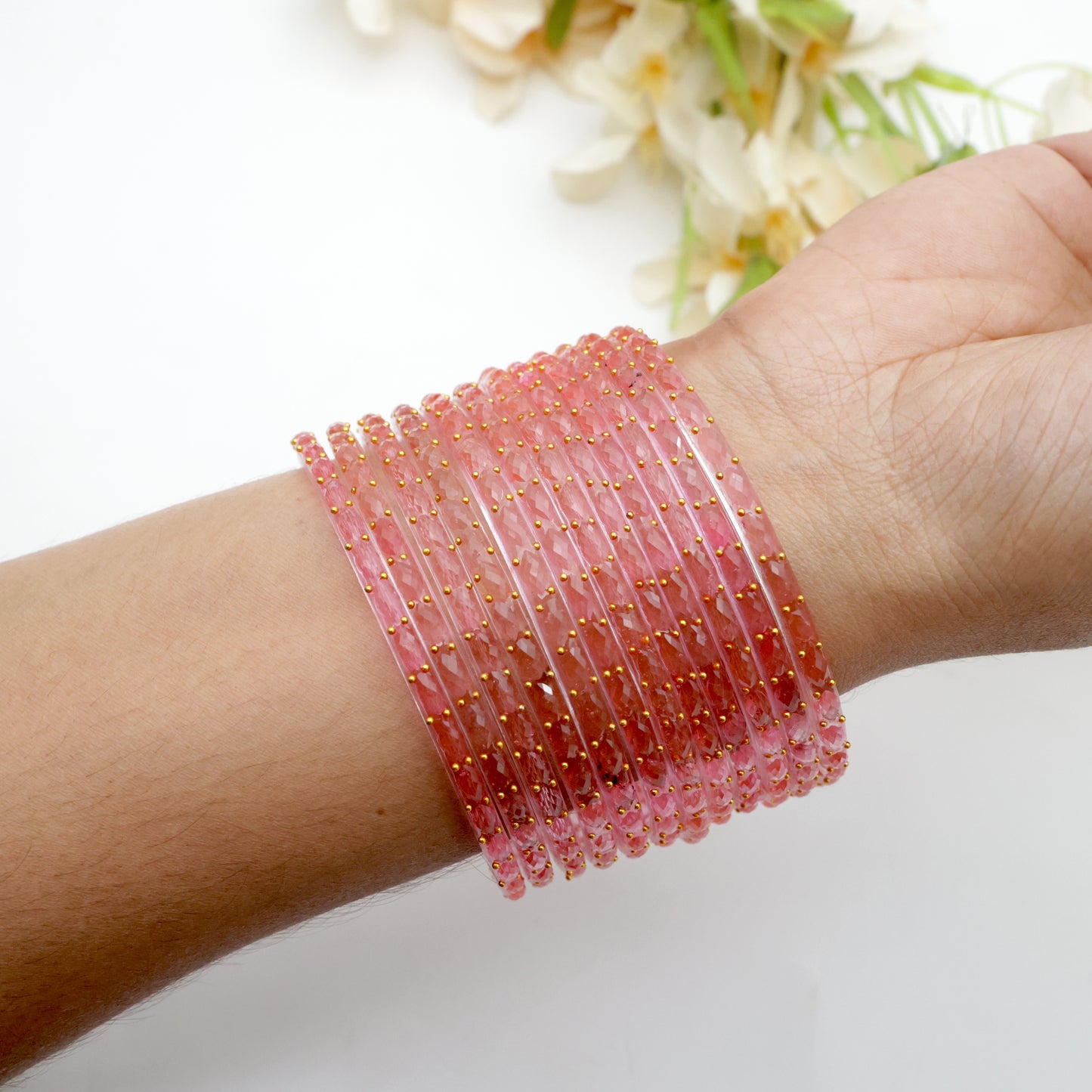 Raindrop Crystal Cut Glass Bangles - Light Pink