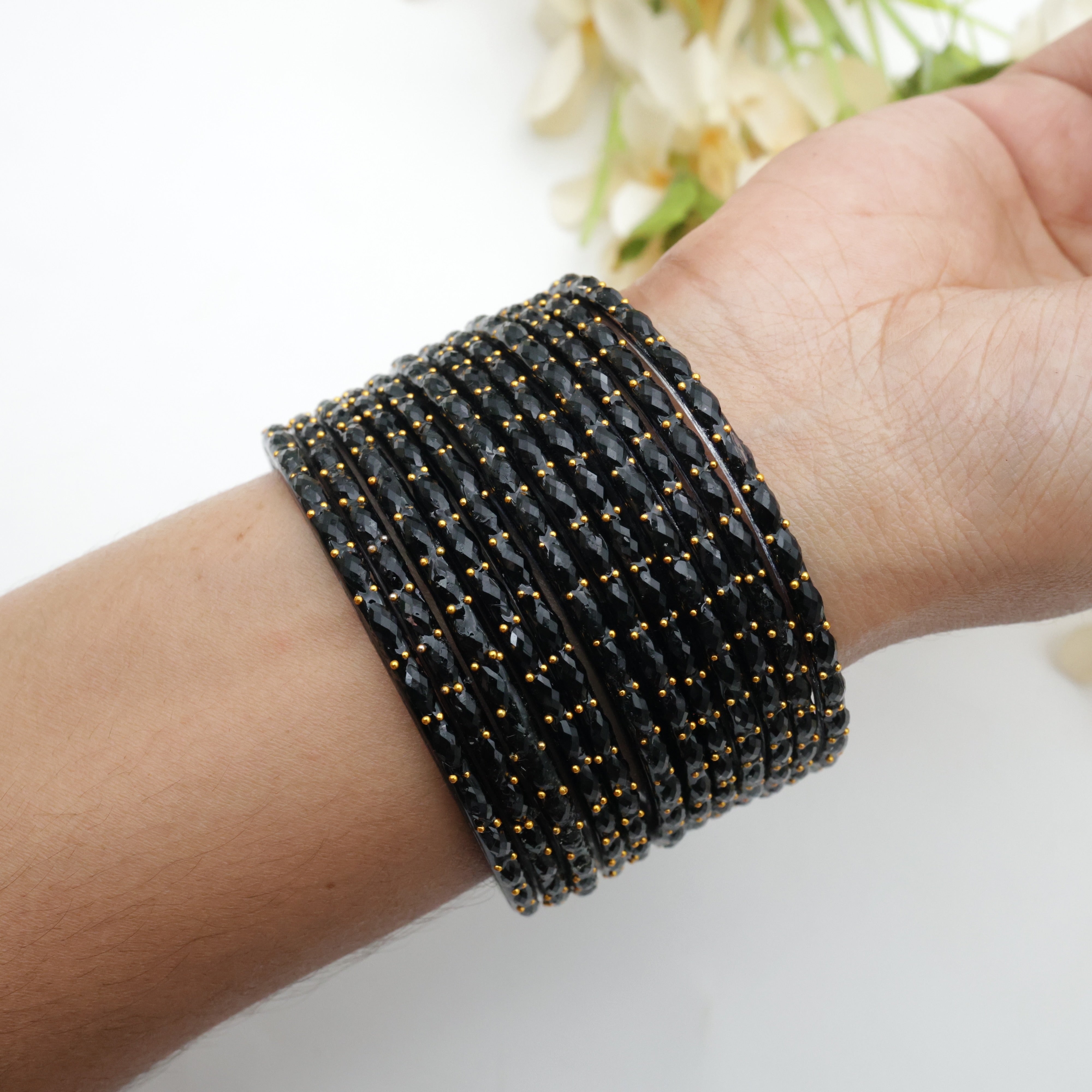 Raindrop Crystal Cut Glass Bangles - Black