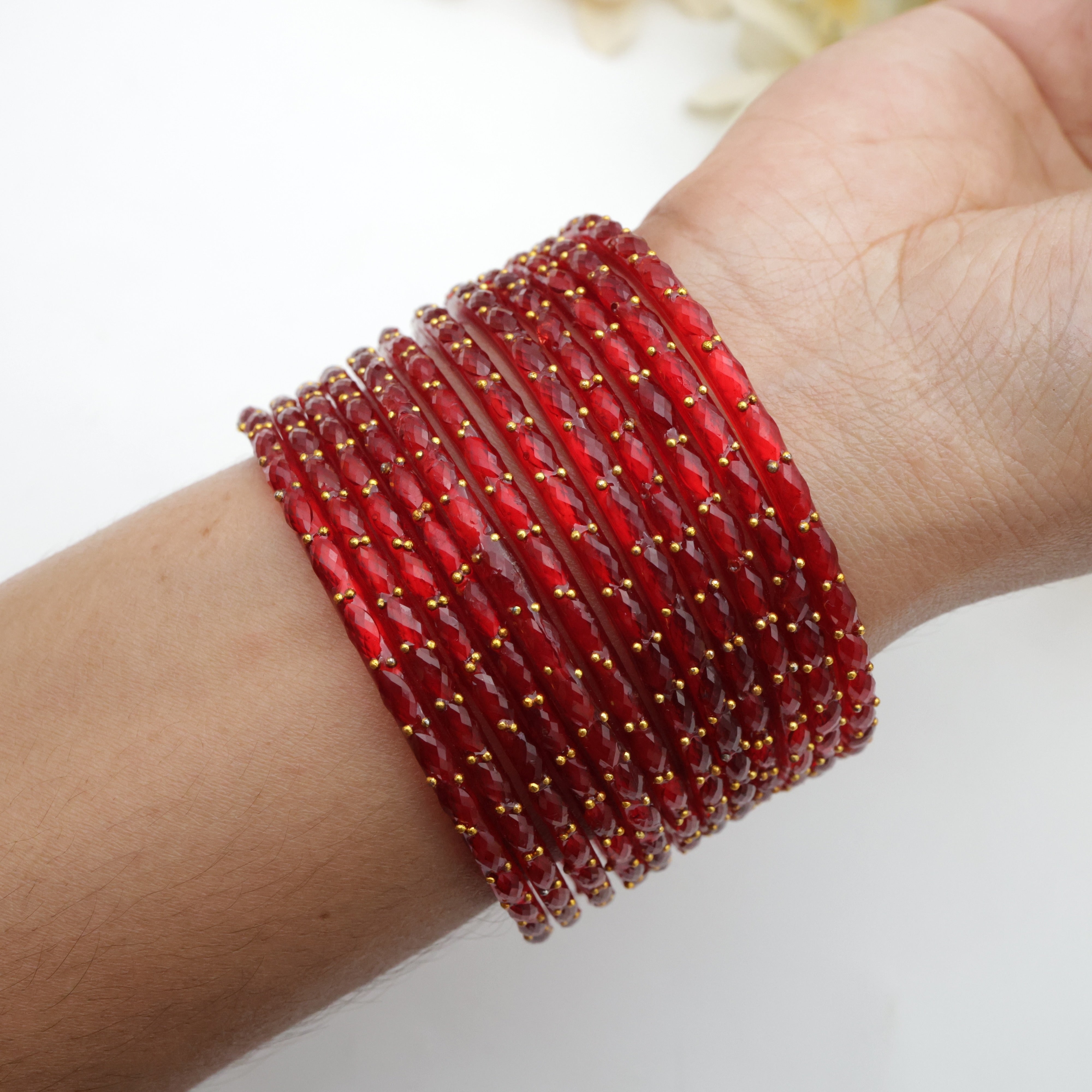 Raindrop Crystal Cut Glass Bangles - Laal