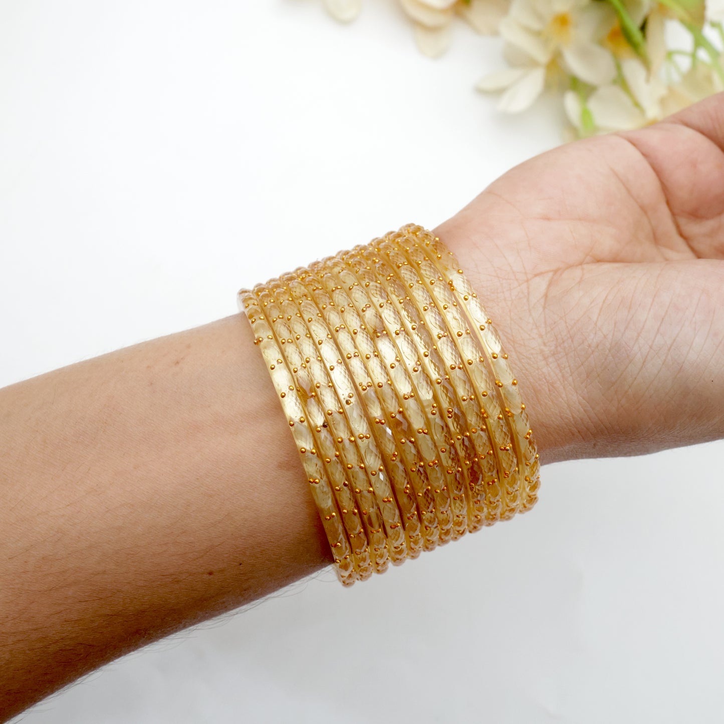 Raindrop Crystal Cut Glass Bangles - Golden