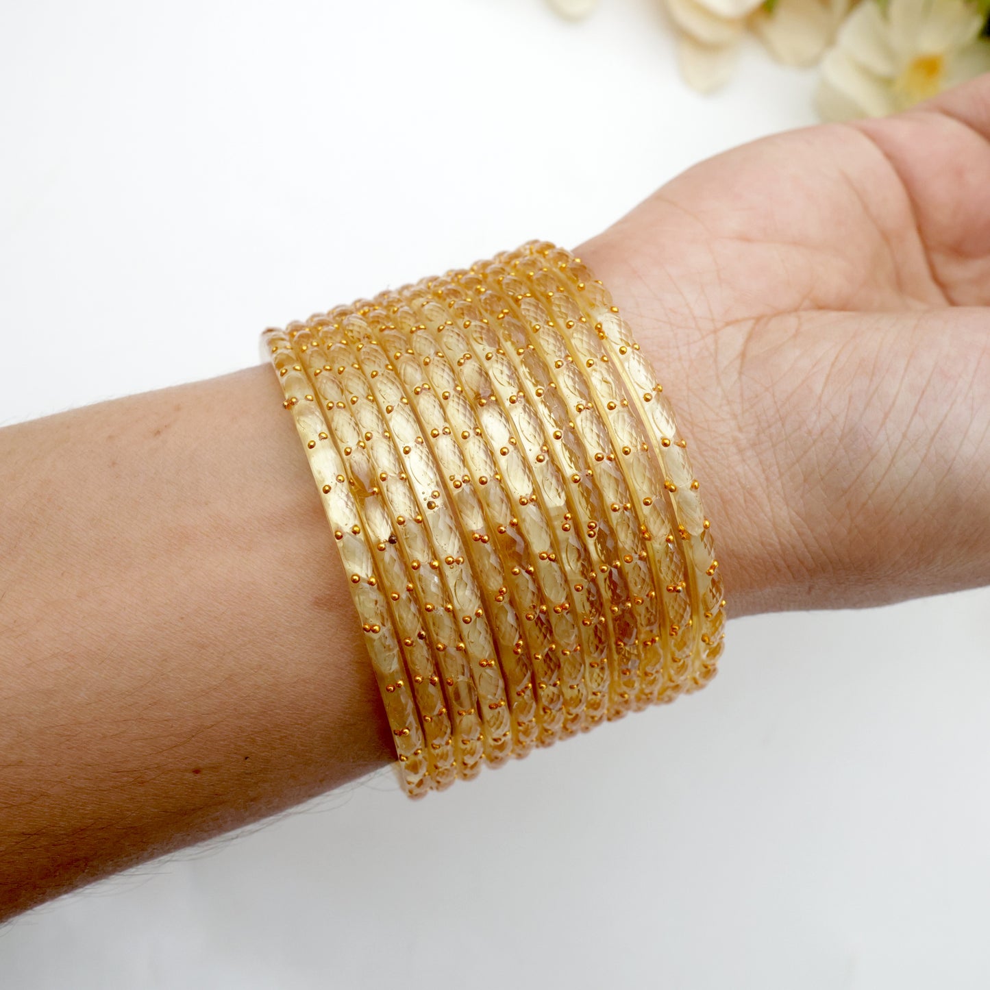 Raindrop Crystal Cut Glass Bangles - Golden