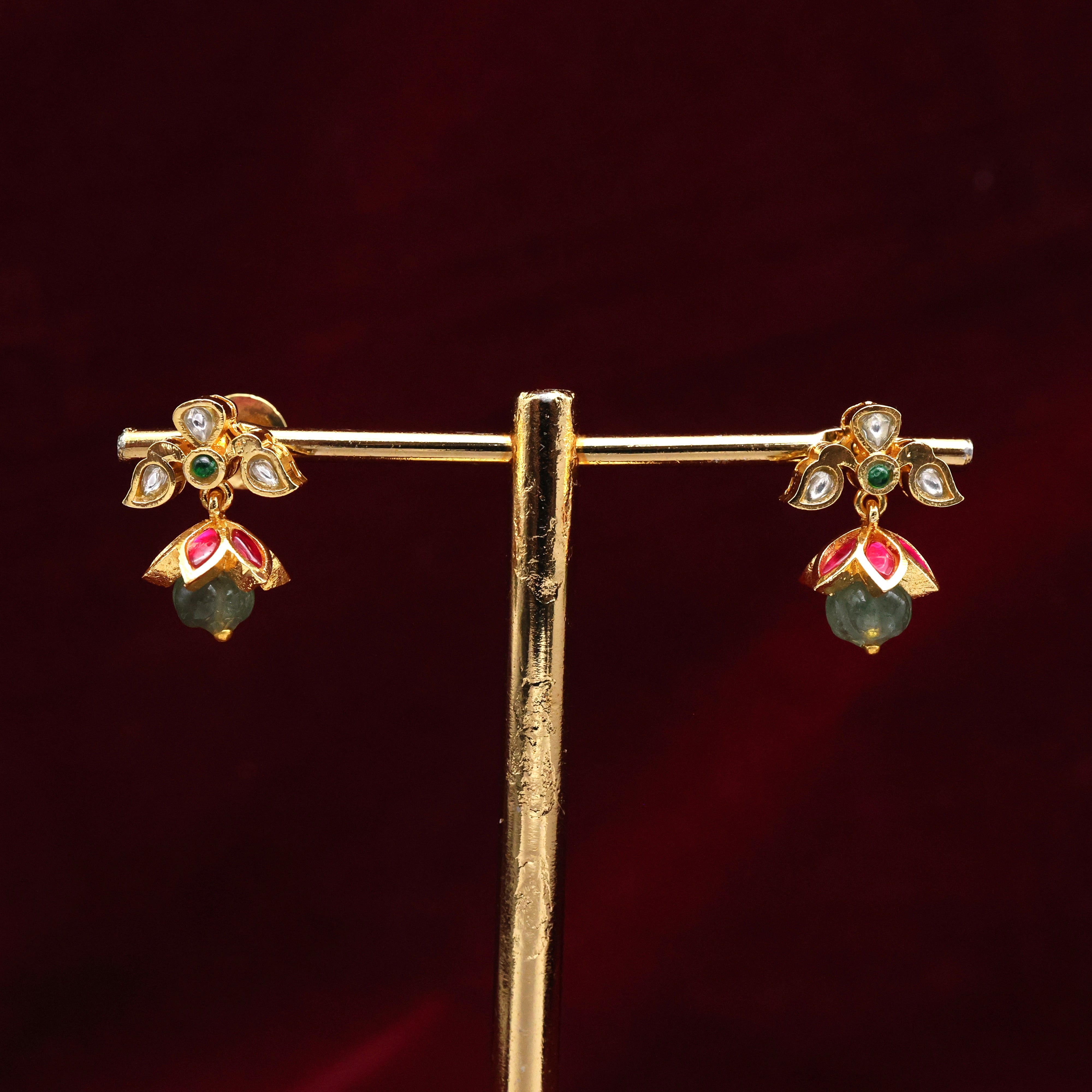 Very Cute Jadau Kundan Pumpkin Bead Small Flower Jhumkas