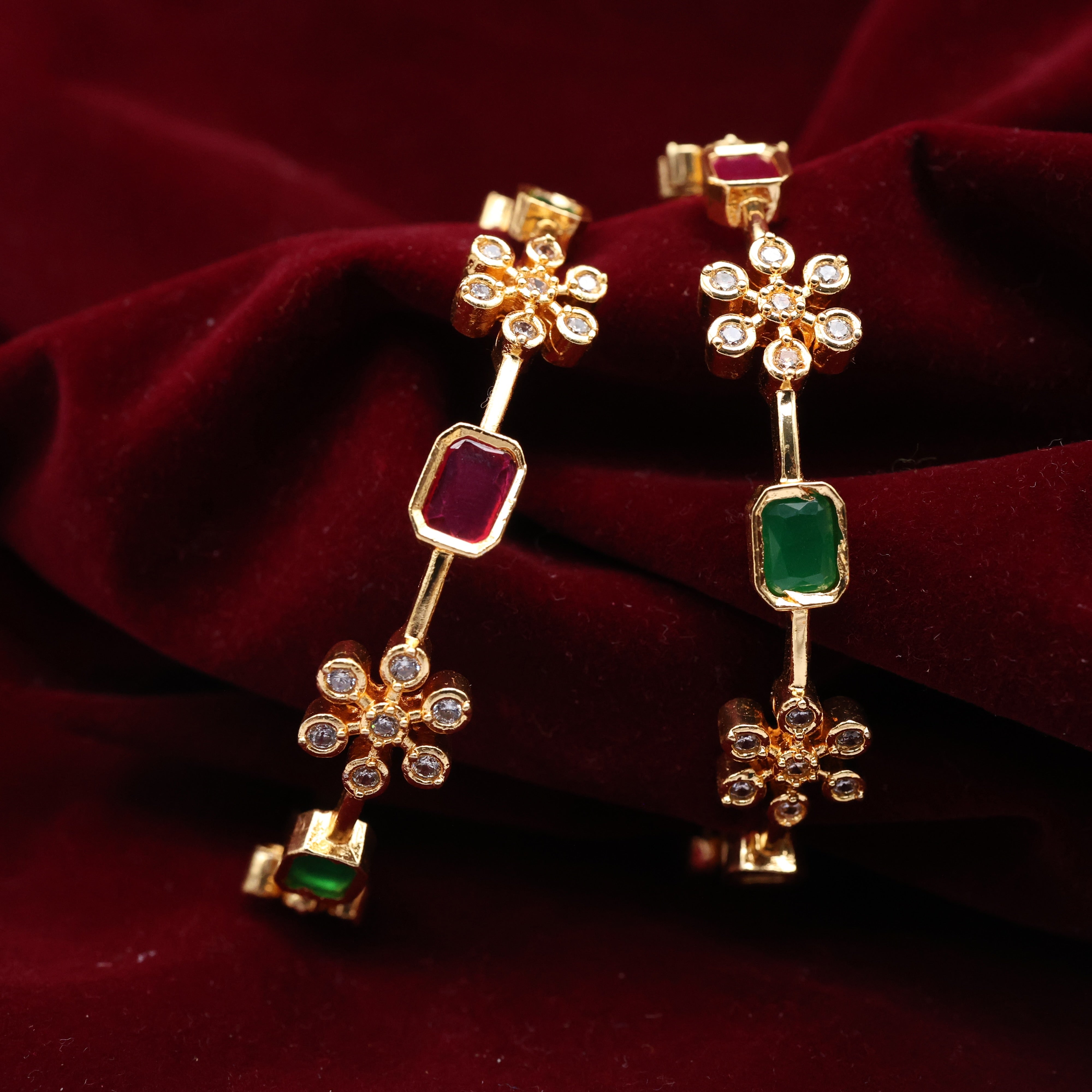 Gold Tone AD Rectangle Stone Flower Bangles