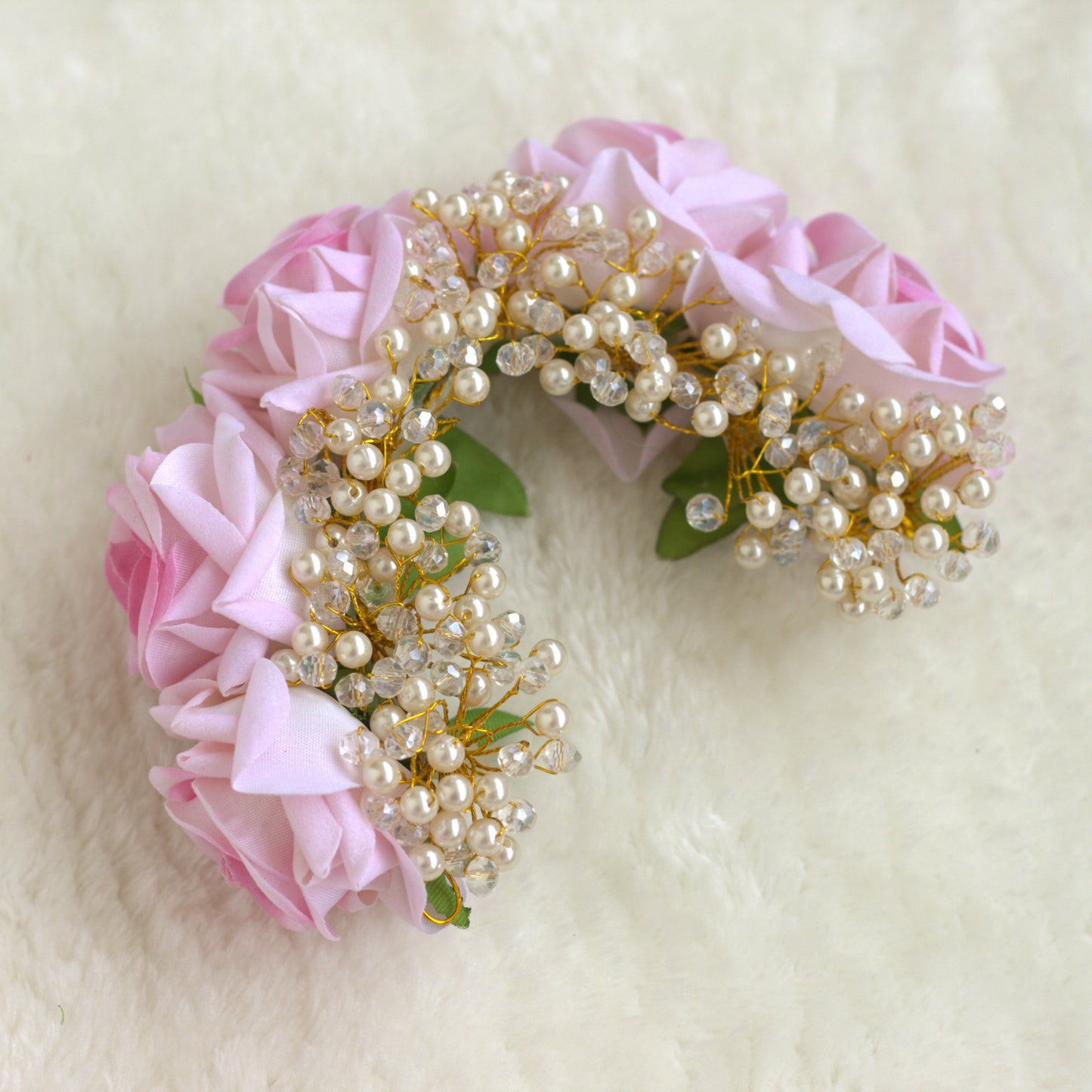 Flexible Real Look Roses with Pearls & Crystals Artificial Hair Bun Flower Accessory
