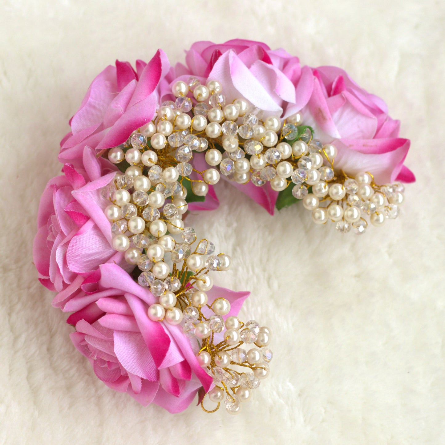 Flexible Real Look Roses with Pearls & Crystals Artificial Hair Bun Flower Accessory
