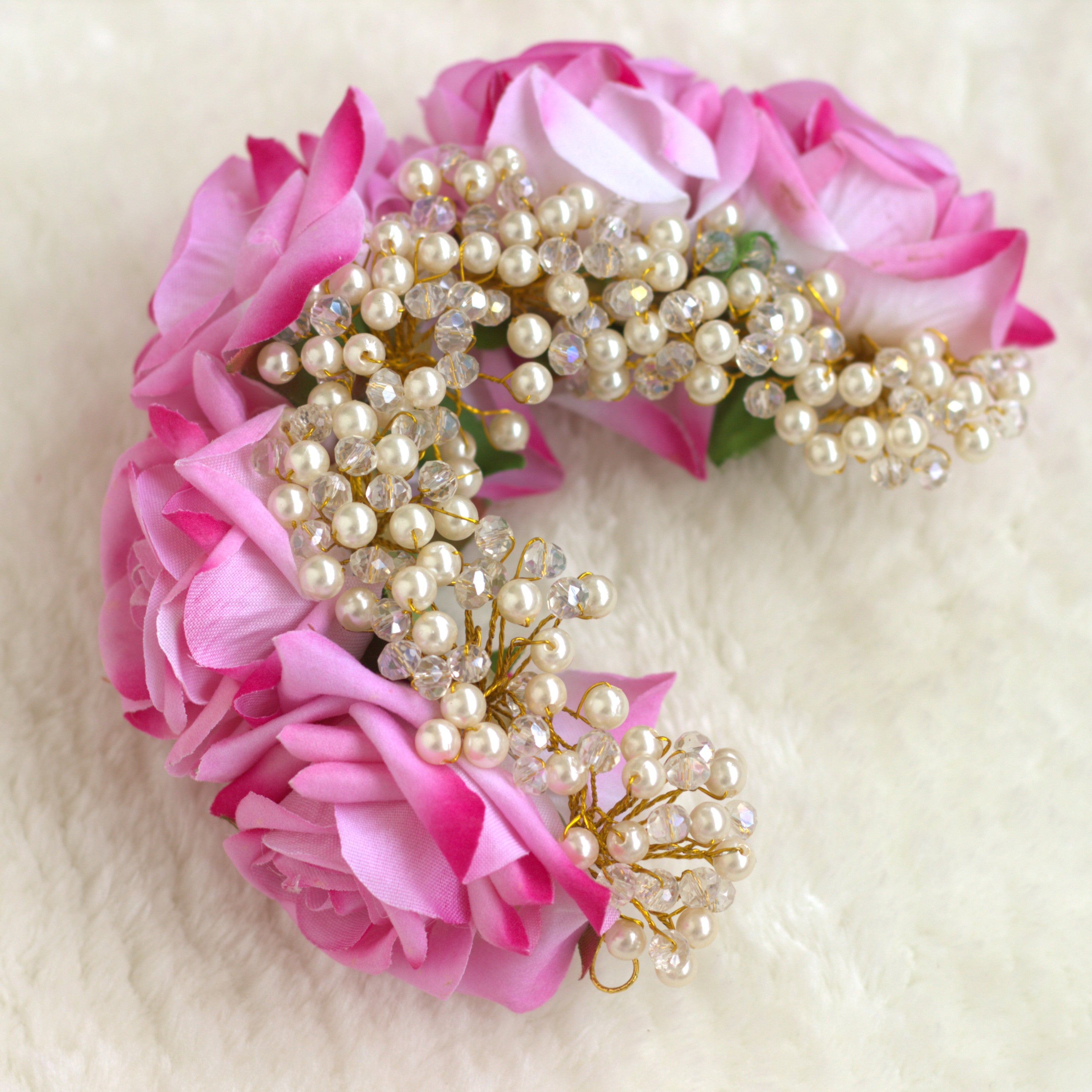 Flexible Real Look Roses with Pearls & Crystals Artificial Hair Bun Flower Accessory