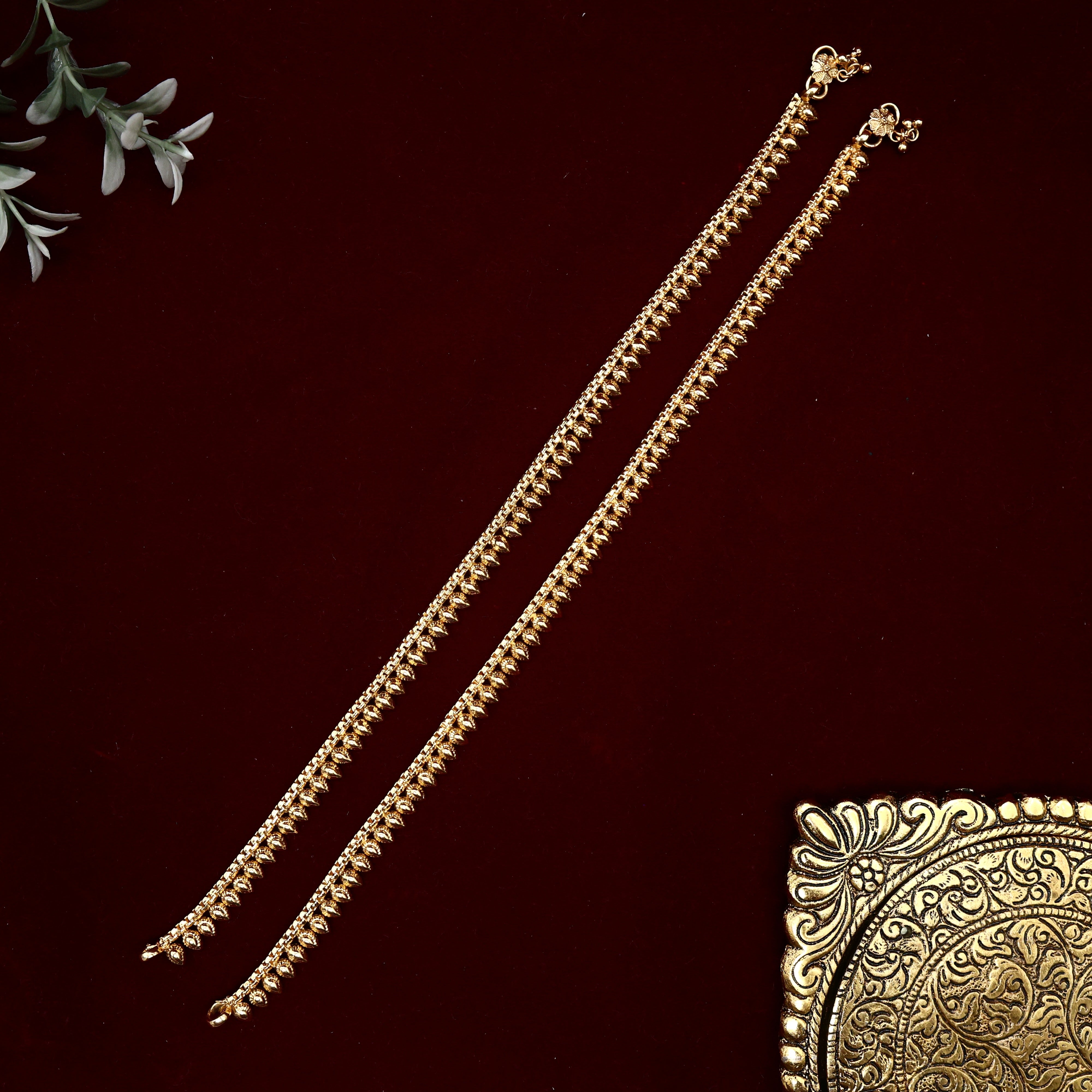 Real Gold Look Thilak Drops Anklets For Women - 10.5 Inches