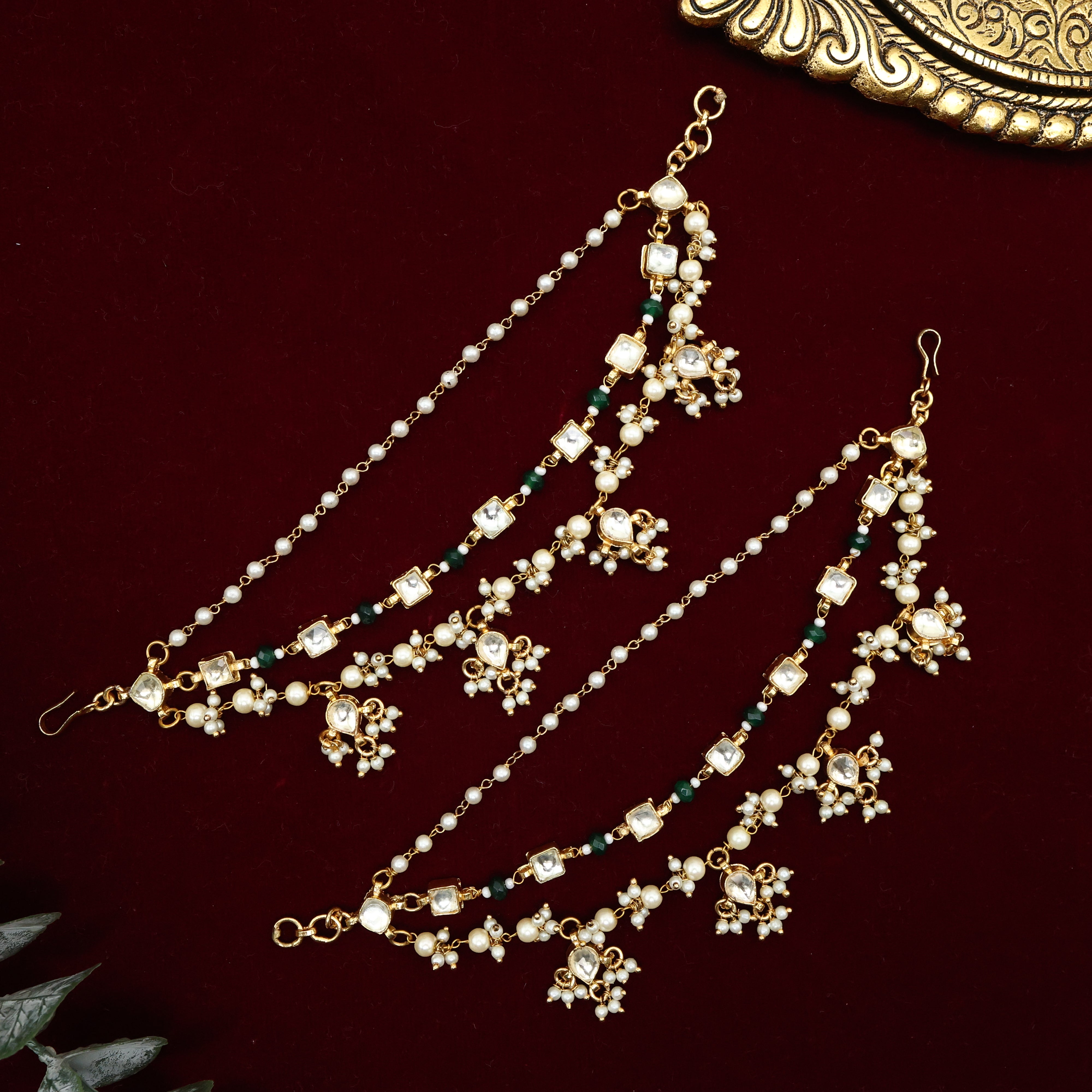 Premium Pachi Kundan 4 Layer Green Beads Bridal Kaan Chain/Maatal