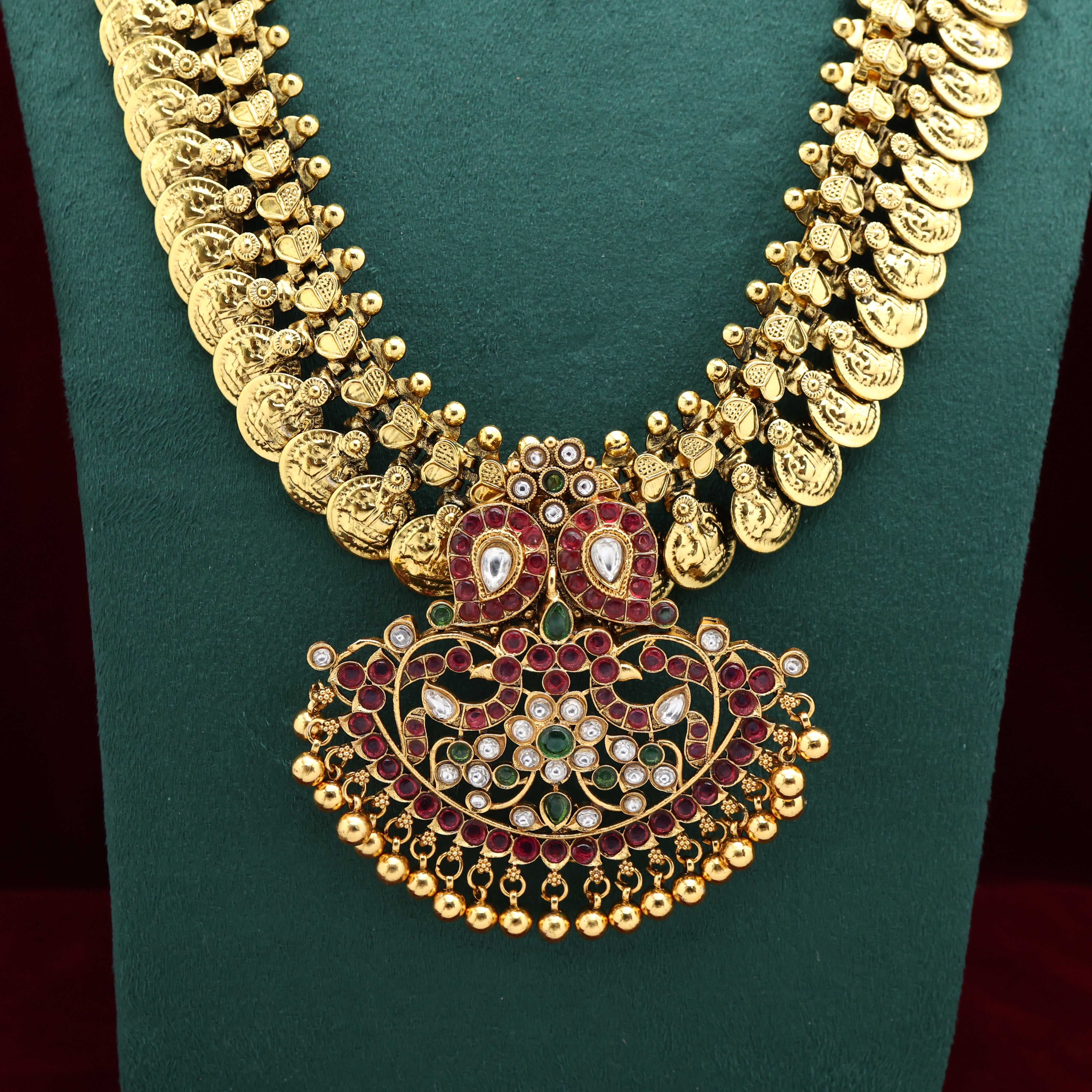 Nagasi Lakshmi Coins Premium Kemp Rettapakshi Mango Pendant Haaram