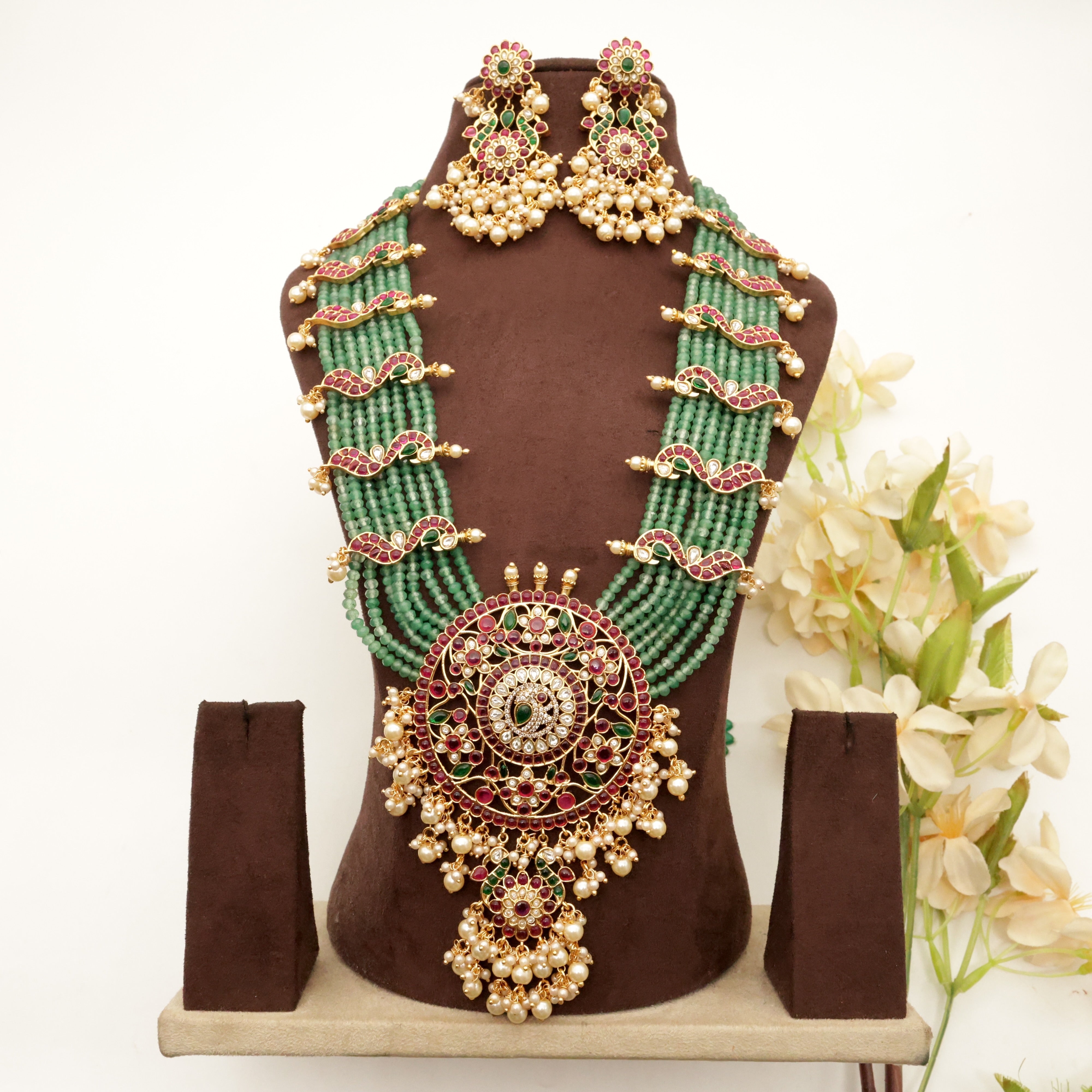 Big Kundan AD Kemp 8 Line Mayuri Chakra Pendant Bridal Haaram Set