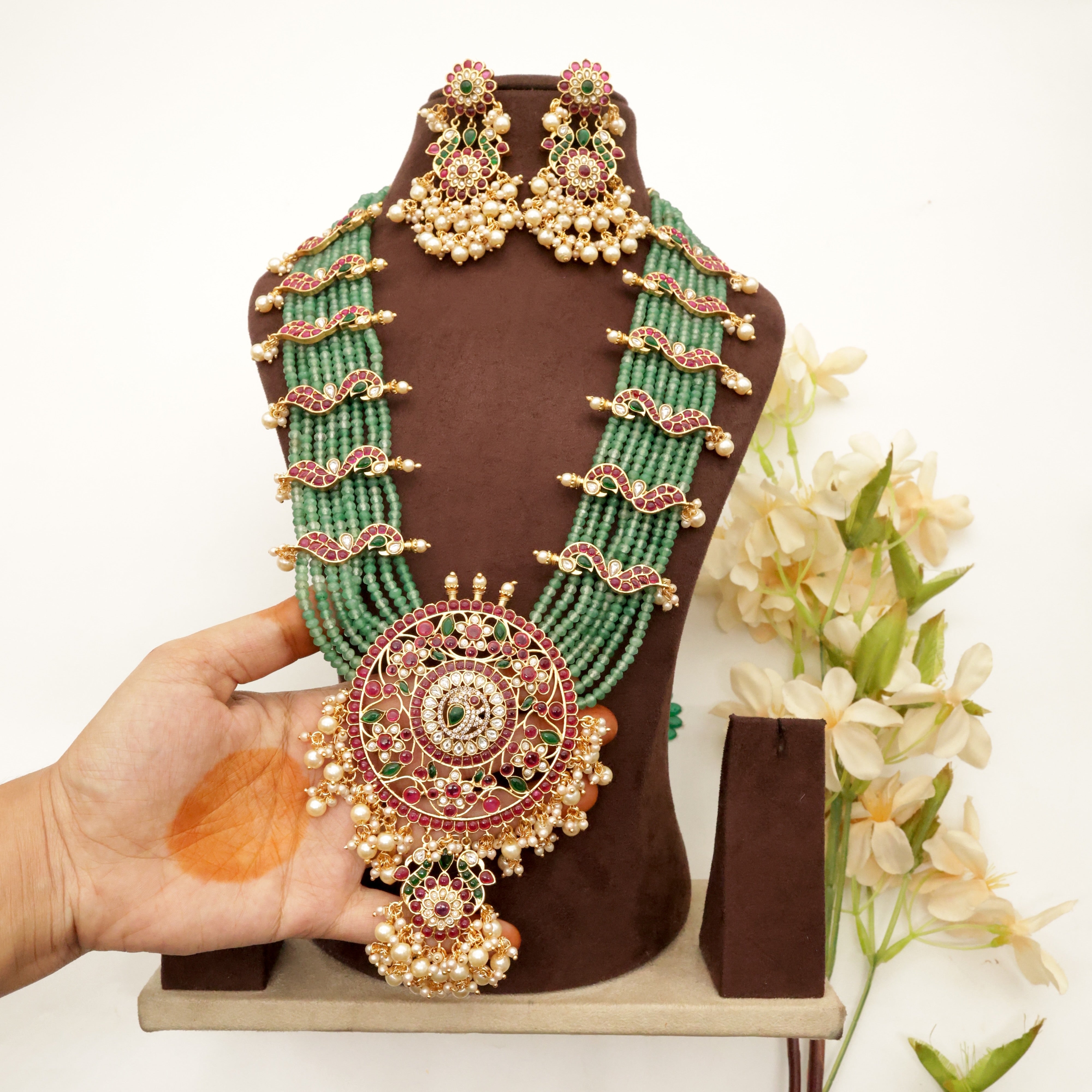 Big Kundan AD Kemp 8 Line Mayuri Chakra Pendant Bridal Haaram Set