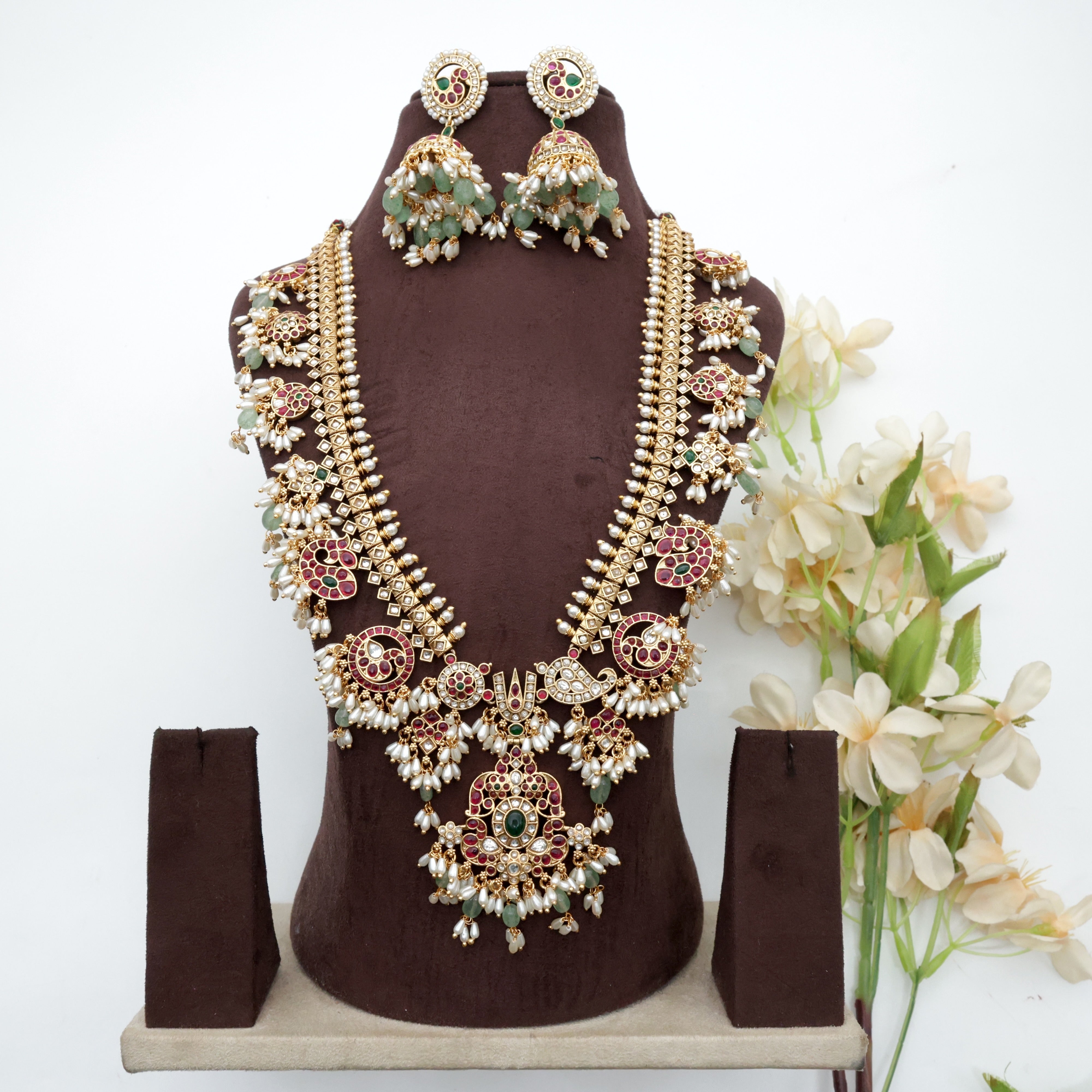 Long Kundan Kemp Shankh Chakra Namam Gandaberunda Heavy Bridal Haaram with Rice Pearls