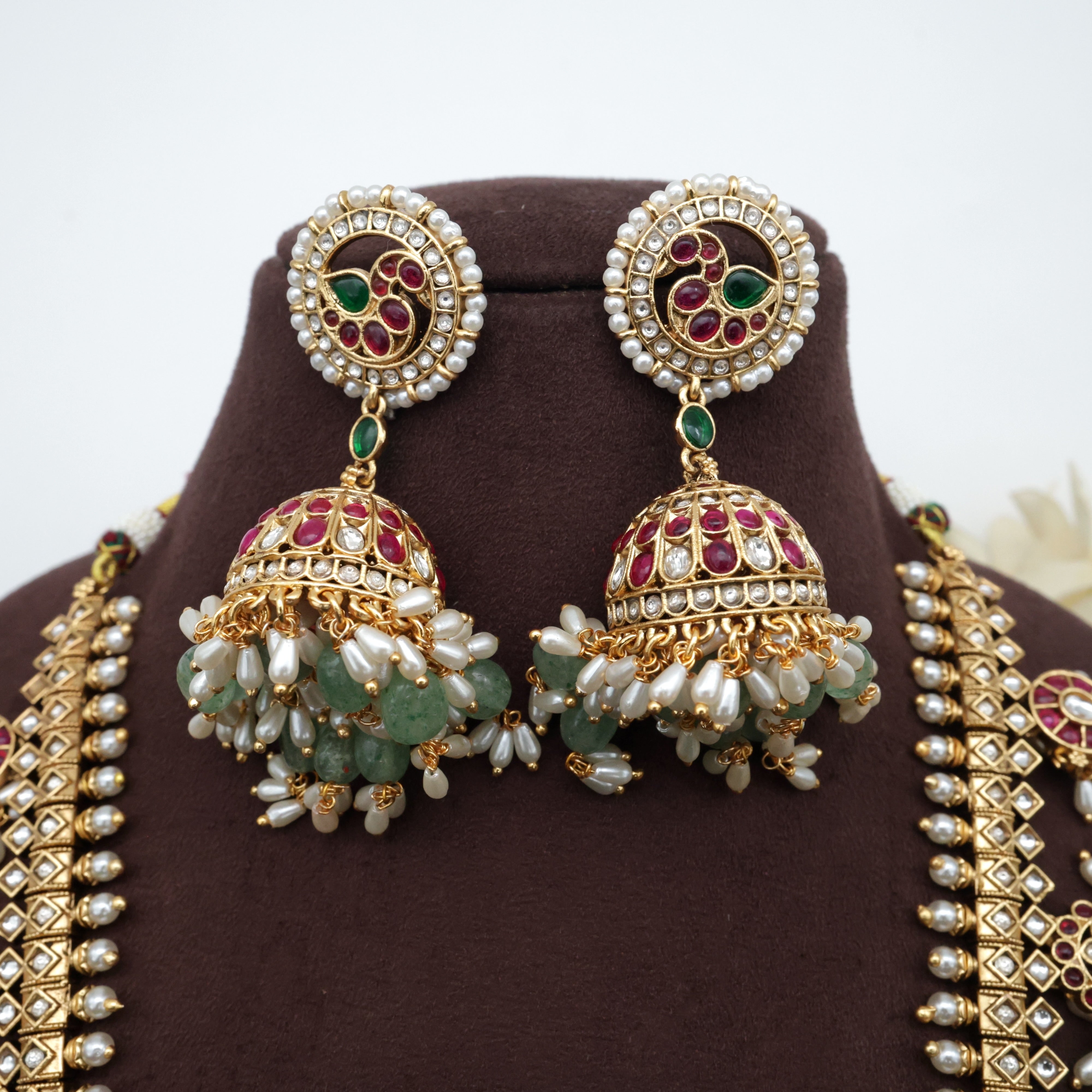 Long Kundan Kemp Shankh Chakra Namam Gandaberunda Heavy Bridal Haaram with Rice Pearls