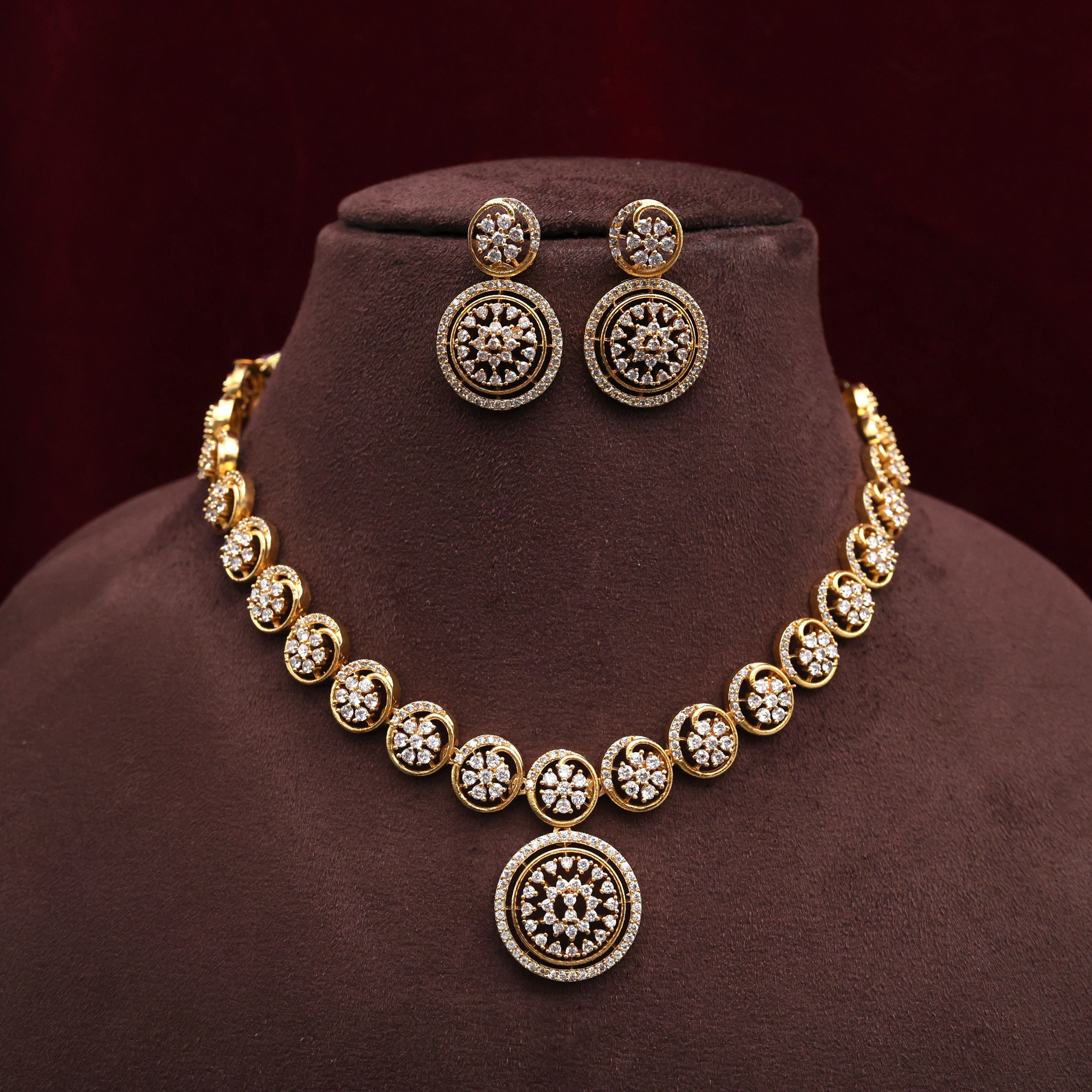 Diamond Look AD No Figure No Idol Round Flowers Necklace Set