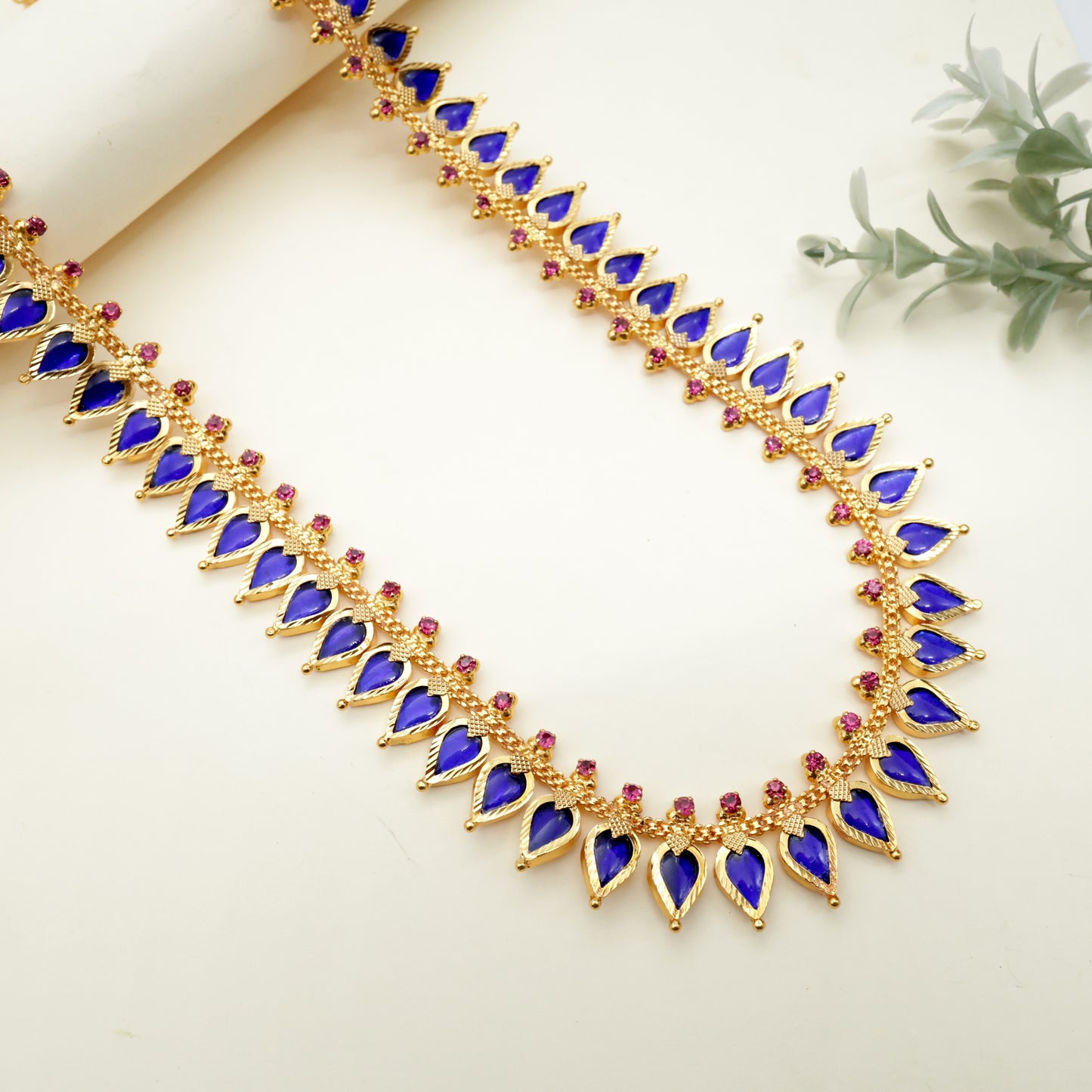 Real Gold Tone Gopi Palakka AD Bridal Haaram - Royal Blue