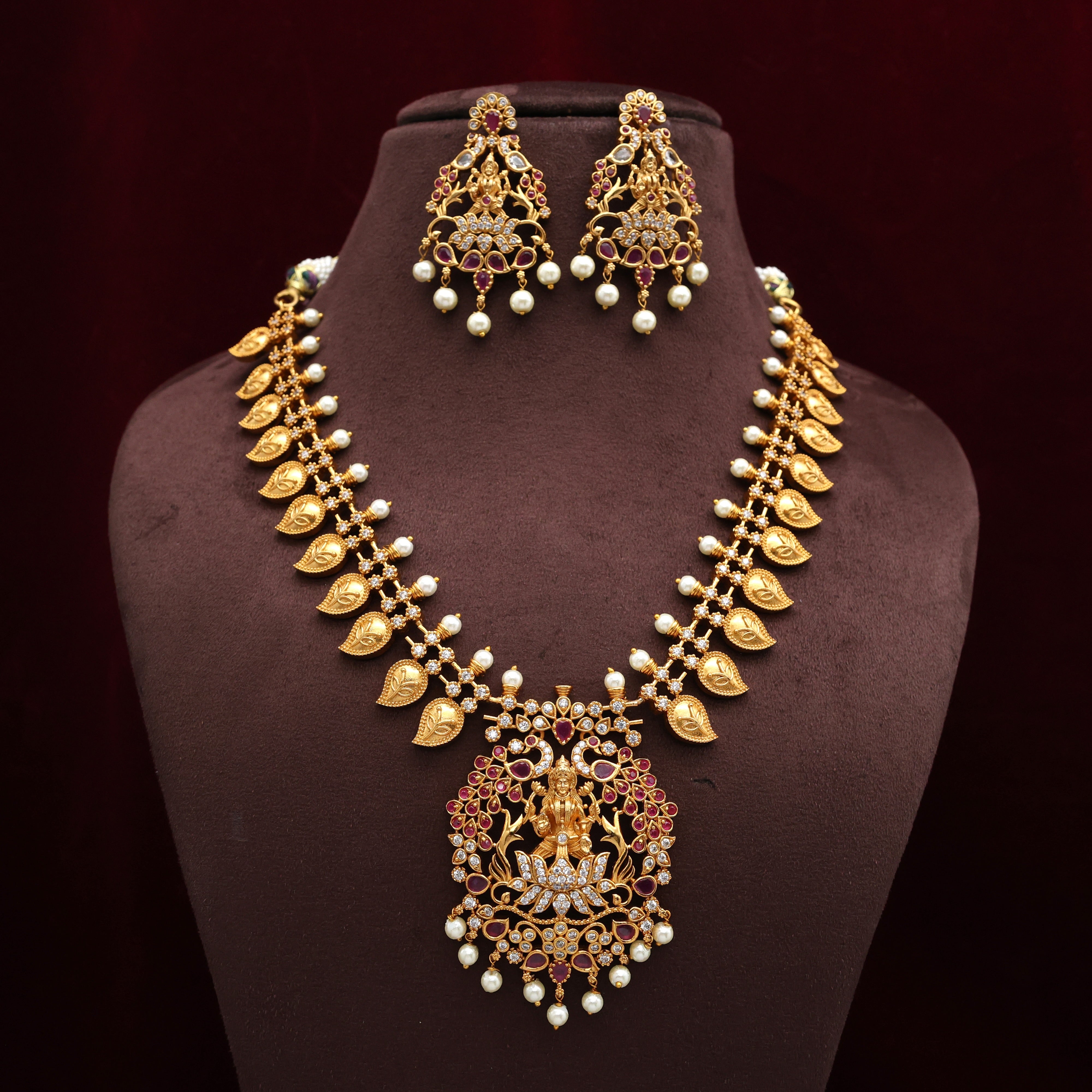 Premium AD Mango Leaf Lakshmi Necklace Set