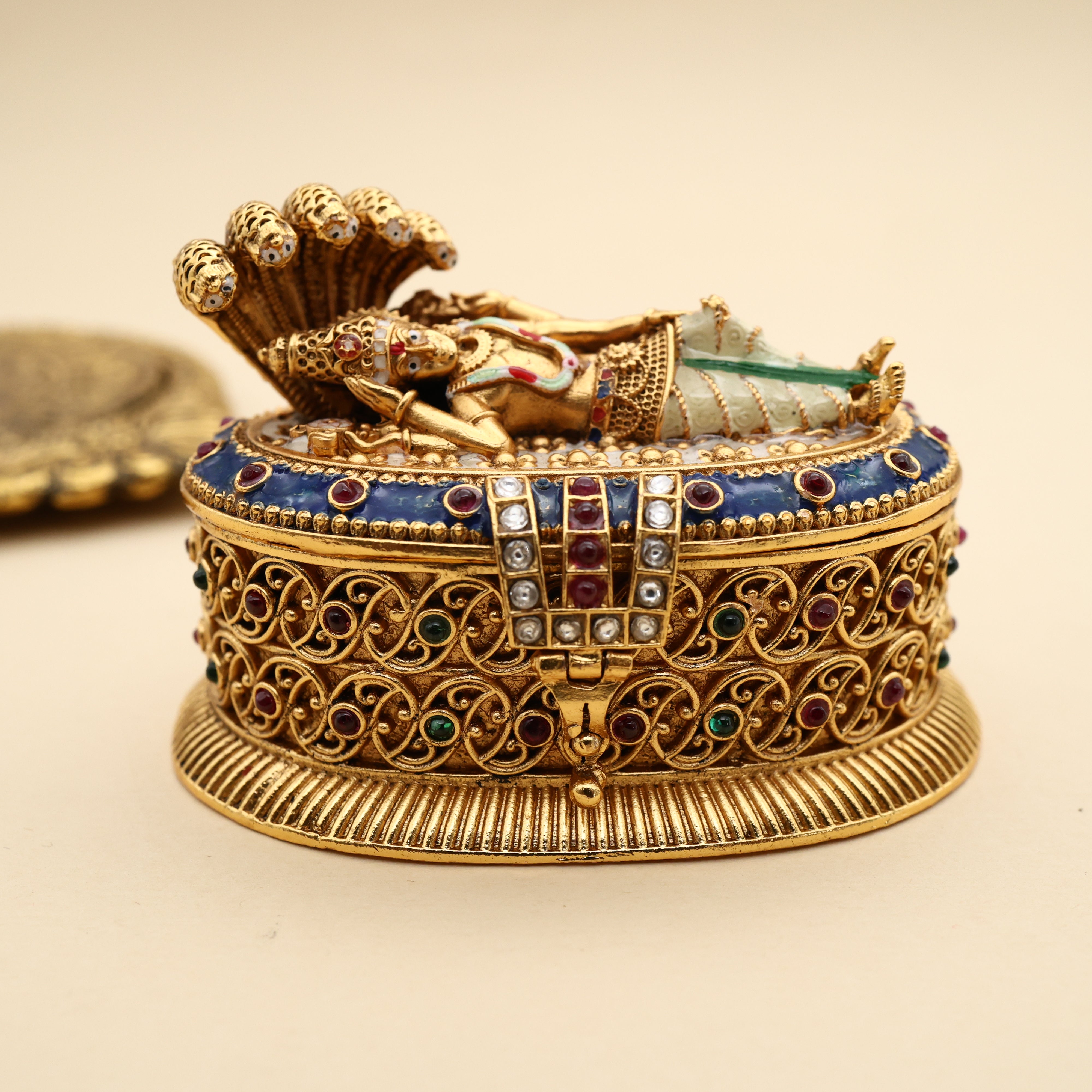 Premium Antique Nagas Meena Work Ranganatha Swamy Kumkum Box with Two Cavities