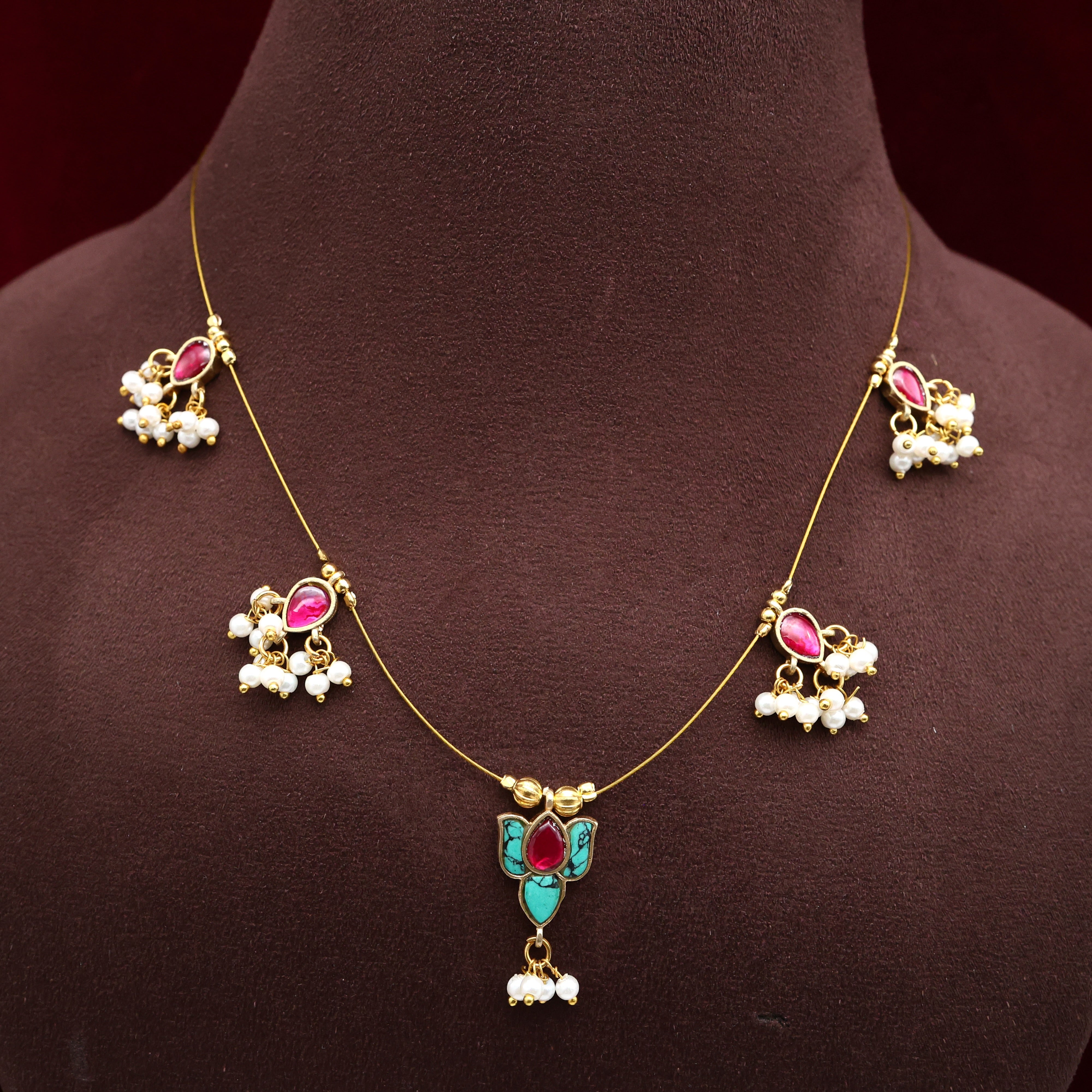 Jadau kundan Lotus Petals Invisible Necklace Set - Turquoise & Ruby