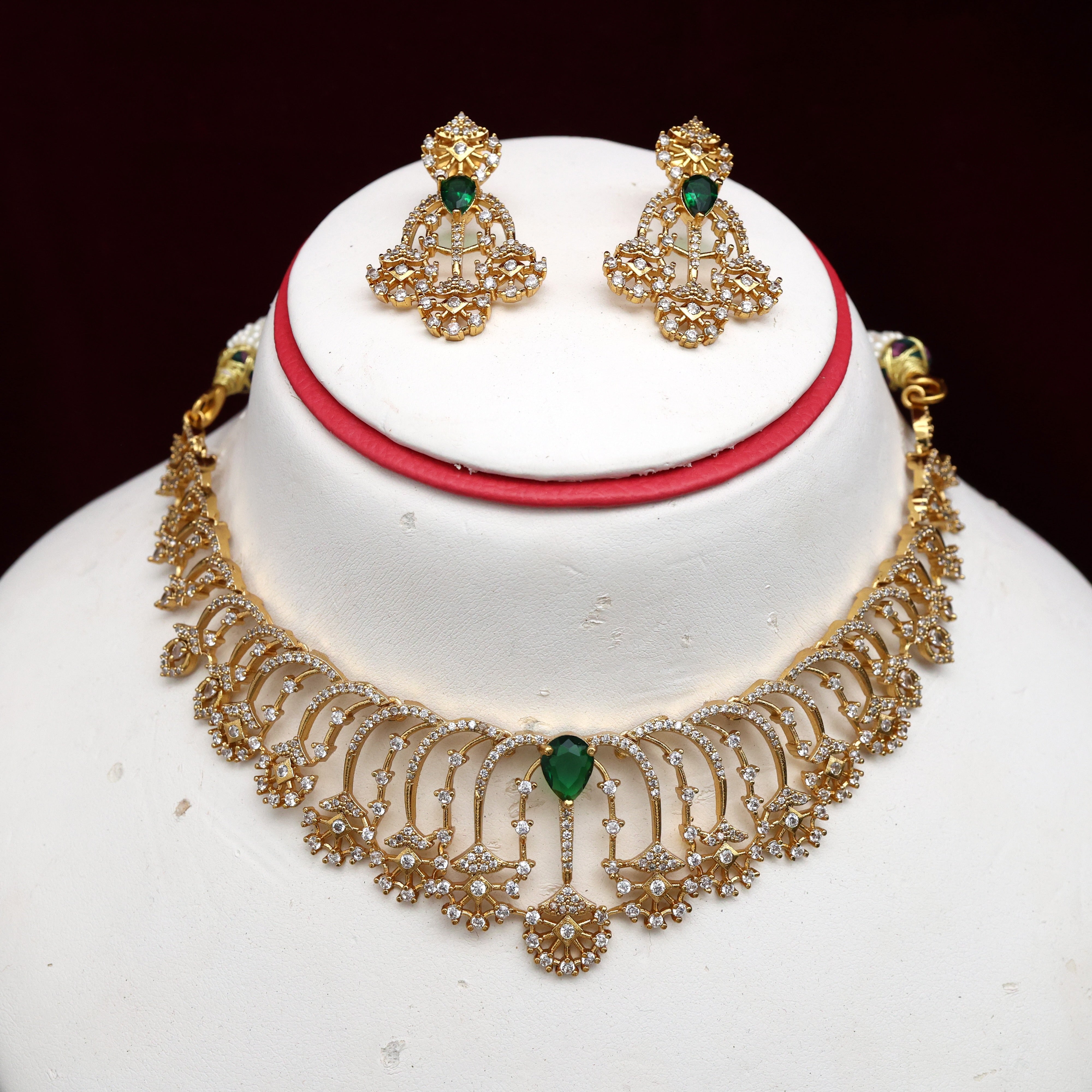 Diamond Look AD Flower Drops Necklace Set - Green