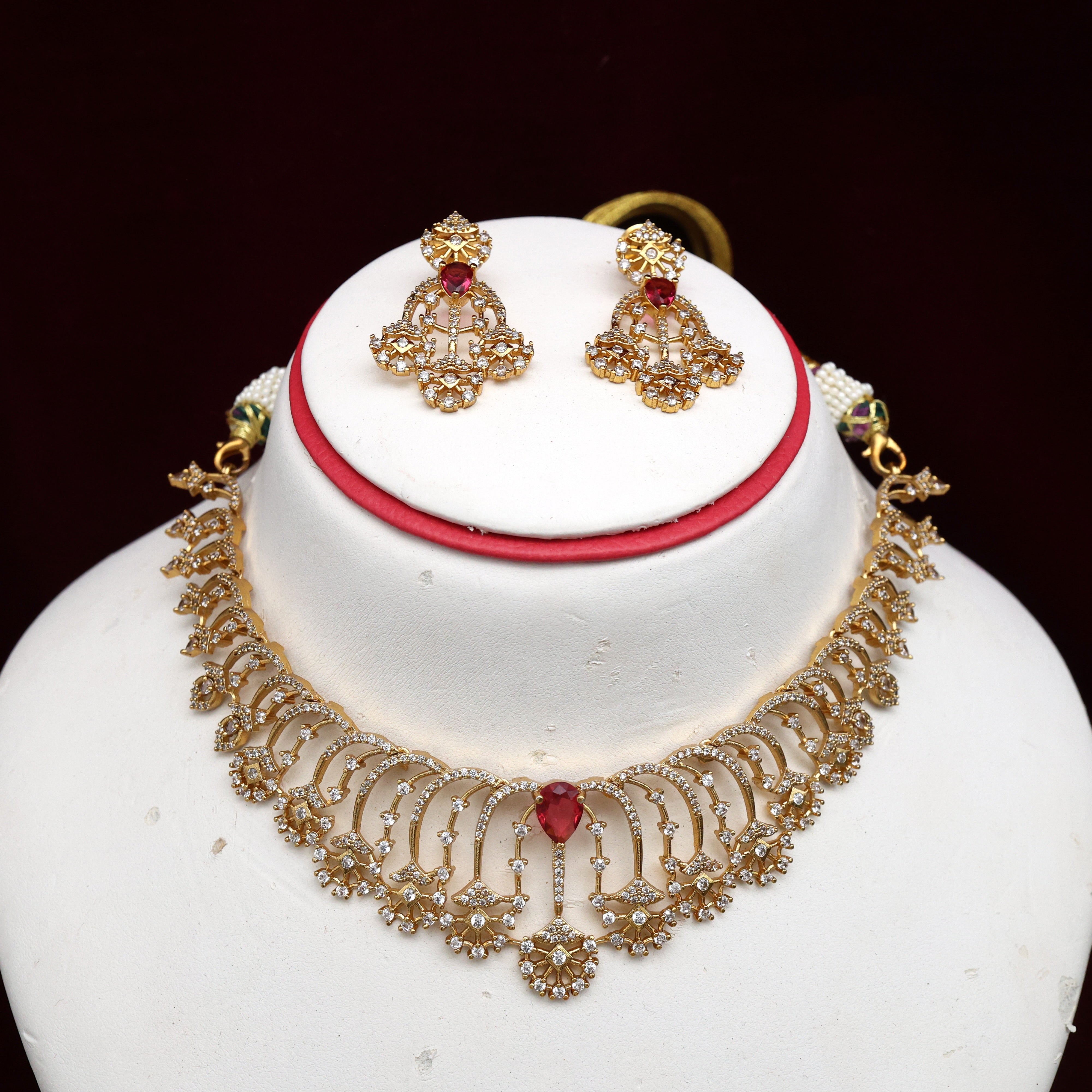 Diamond Look AD Flower Drops Necklace Set - Ruby