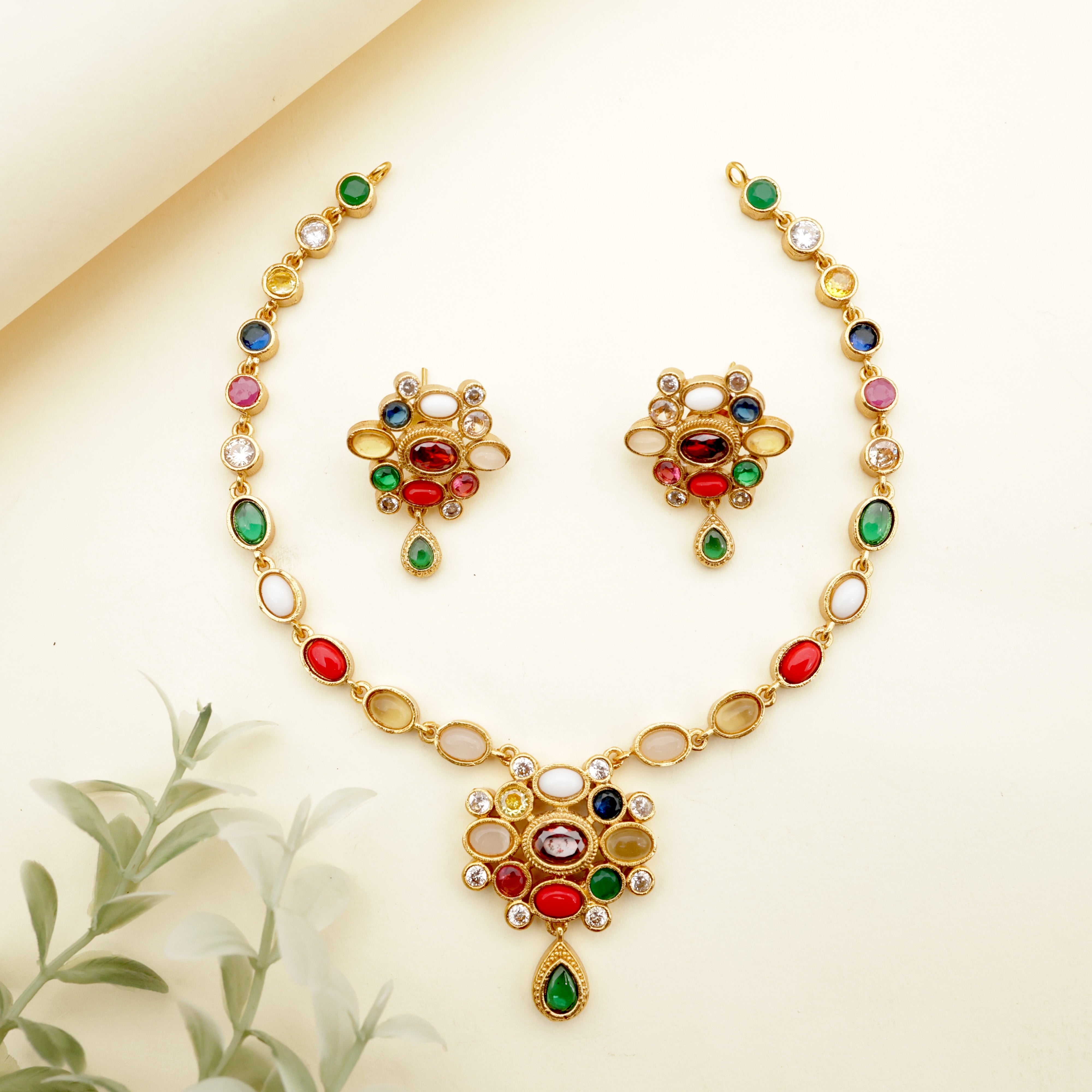 Kids Friendly Flower Pendant Short Navarathna Necklace Set