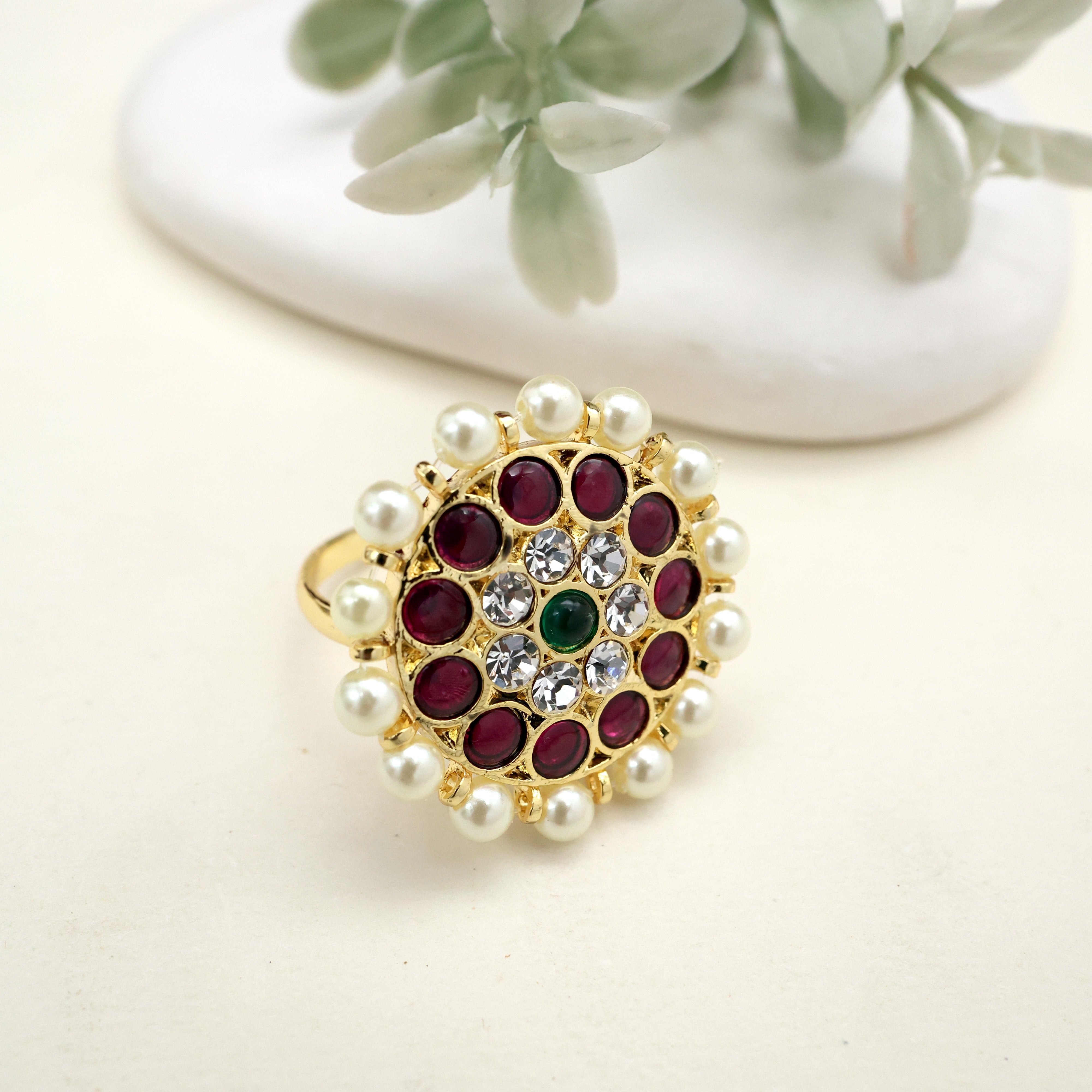 Traditional Premium Kemp Round Adjustable Micro Gold Polish Finger Ring - Multi