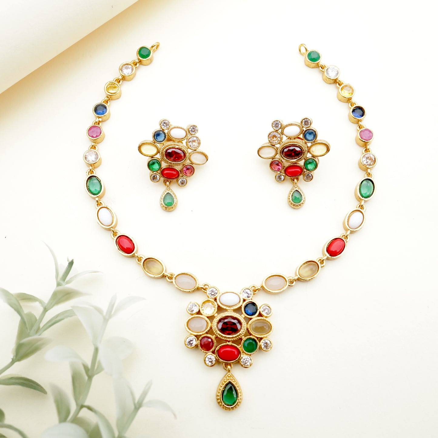 Kids Friendly Flower Pendant Short Navarathna Necklace Set