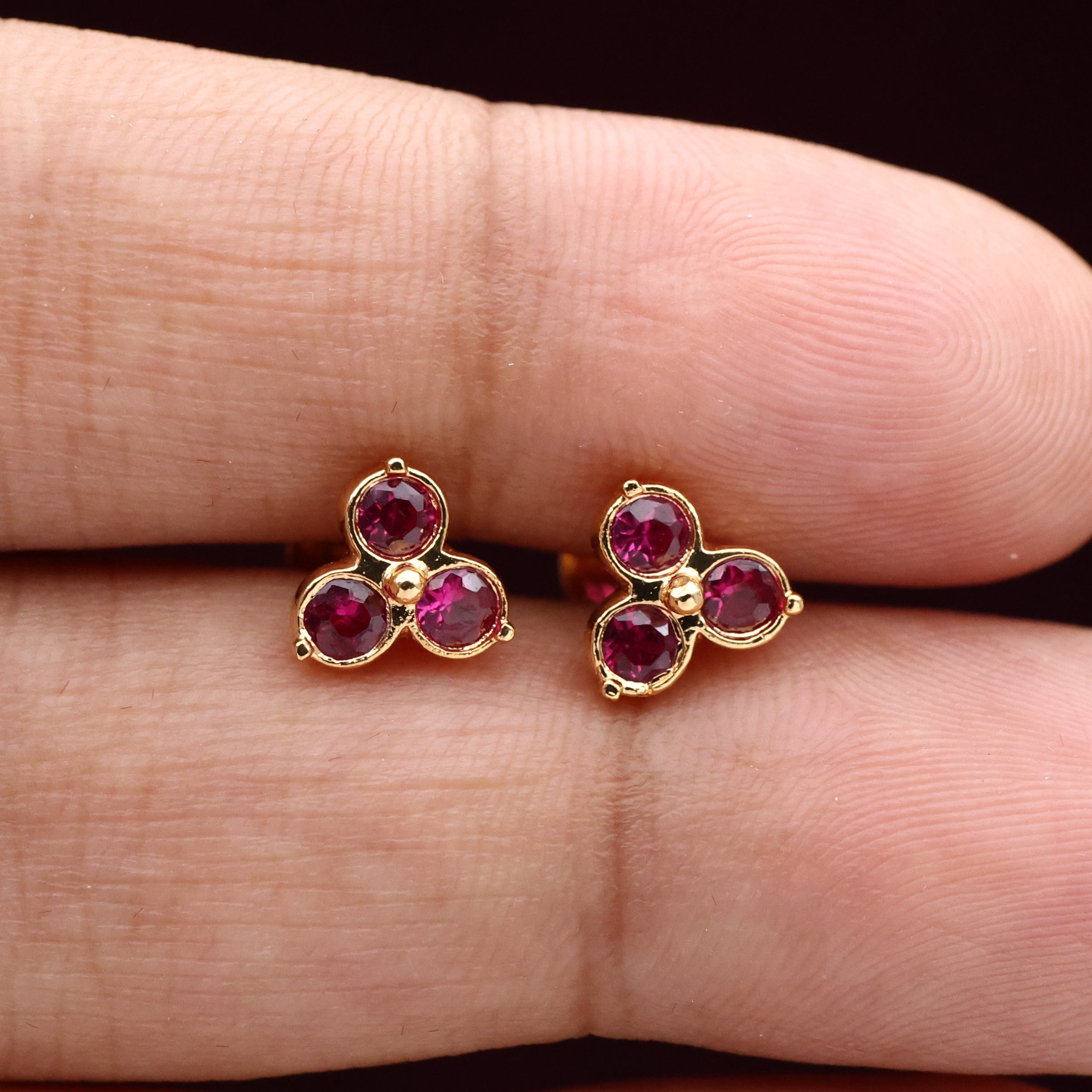 Diamond Look Micro Gold Polished Small Flower Baby Earrings/Studs - Ruby