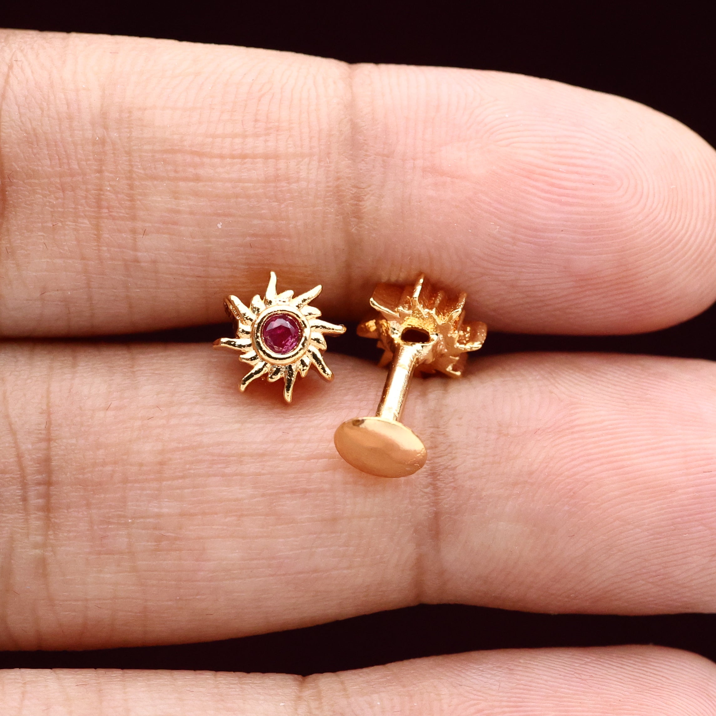 Diamond Look Micro Gold Polished Small Star Earrings/Studs - Ruby