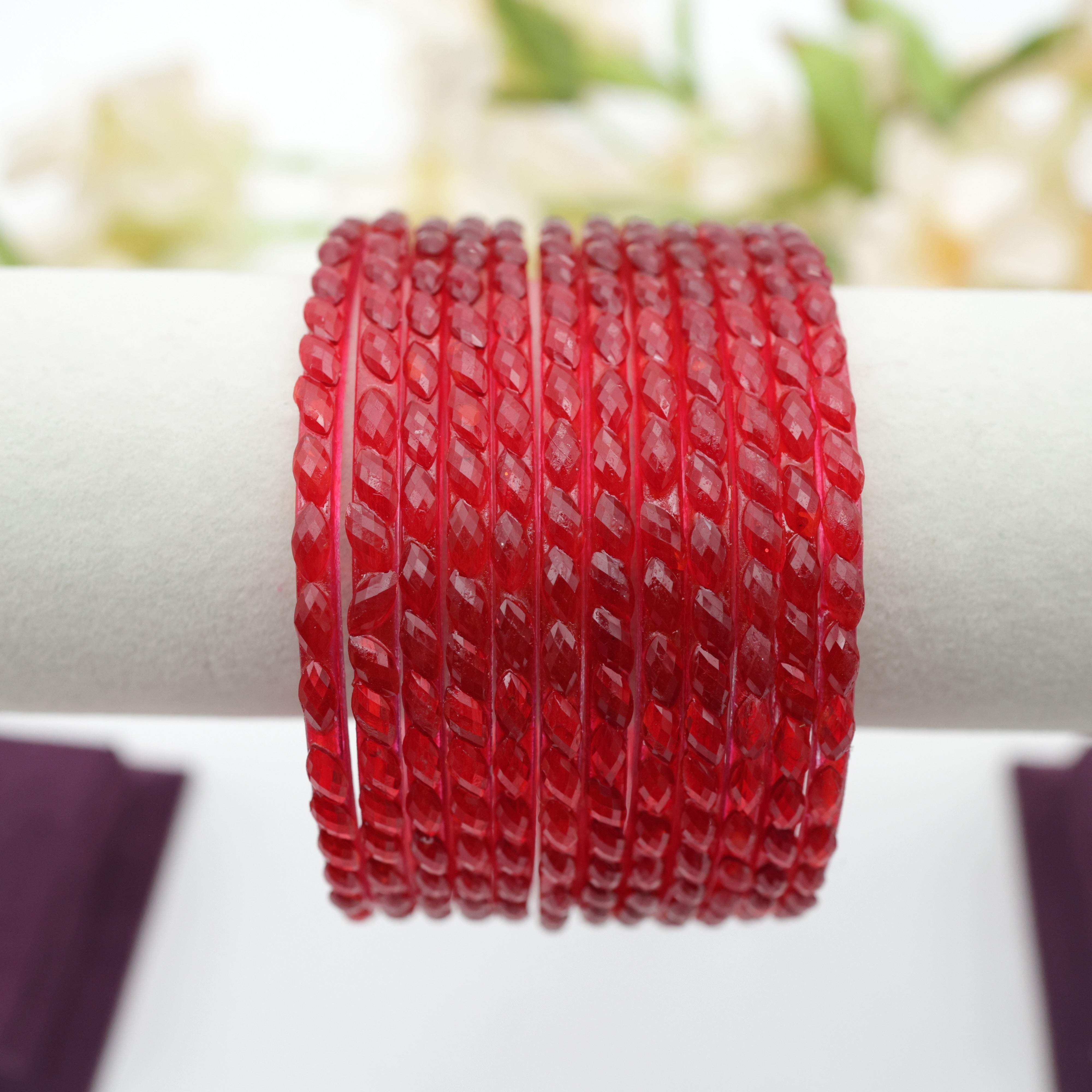 Plain Raindrop Crystal Cut Glass Bangles - Red