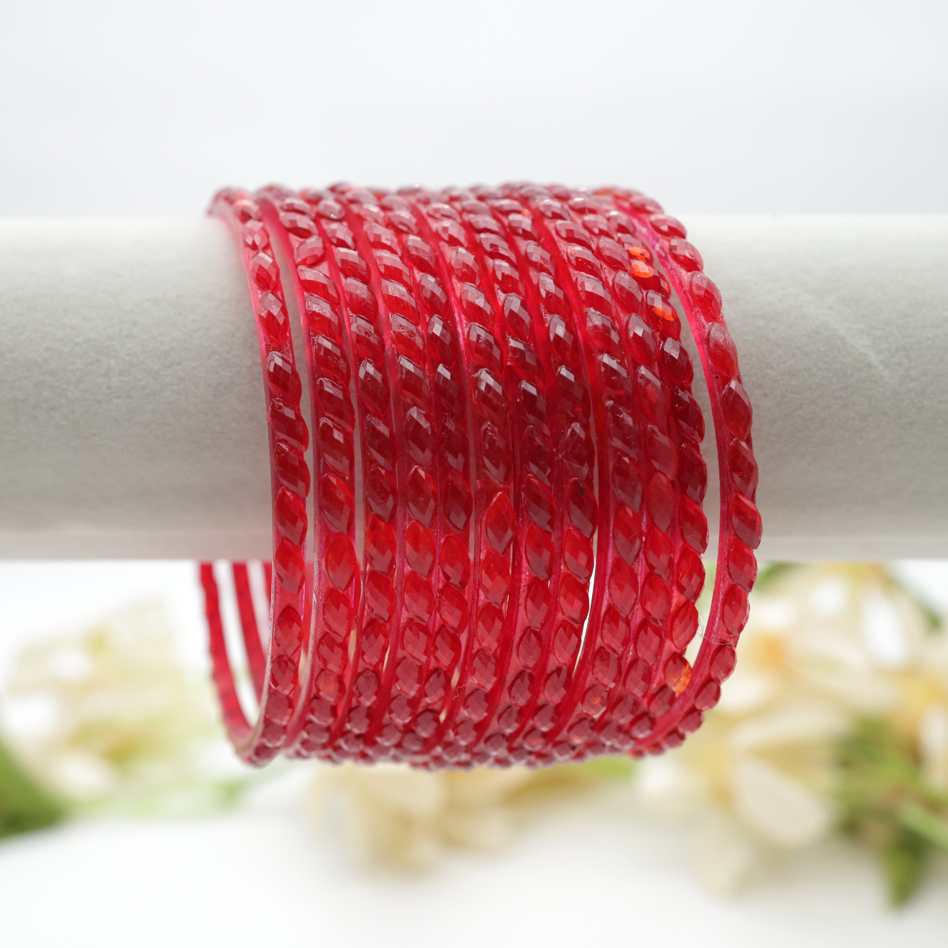 Plain Raindrop Crystal Cut Glass Bangles - Red