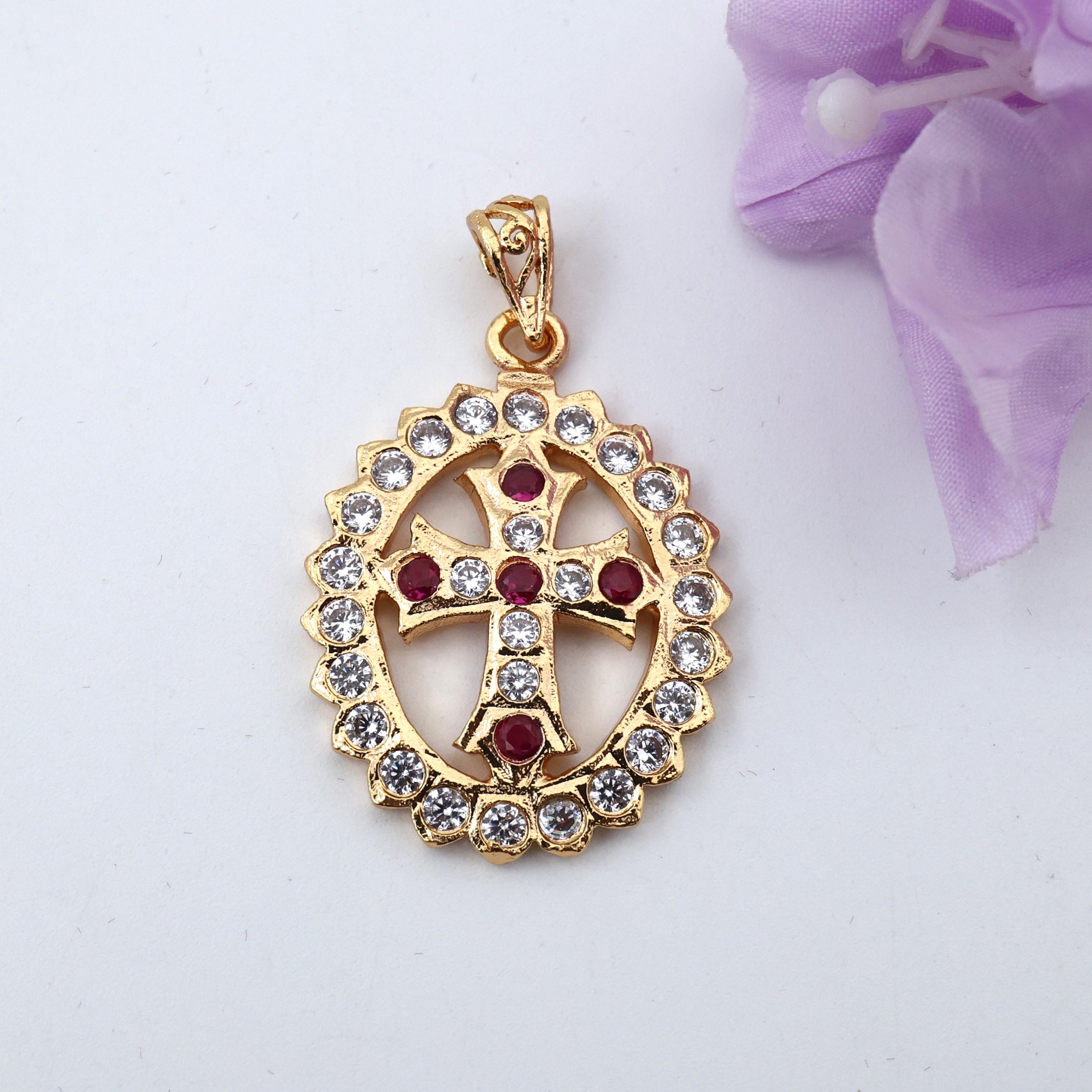 Real Gold Tone Micro Gold Polished Oval Cross Dollar/Pendant