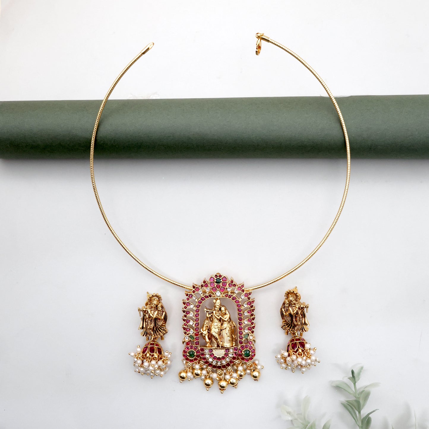 Detachable Premium Kemp Kundan Radhe Krishna Divine Pendant with Earrings