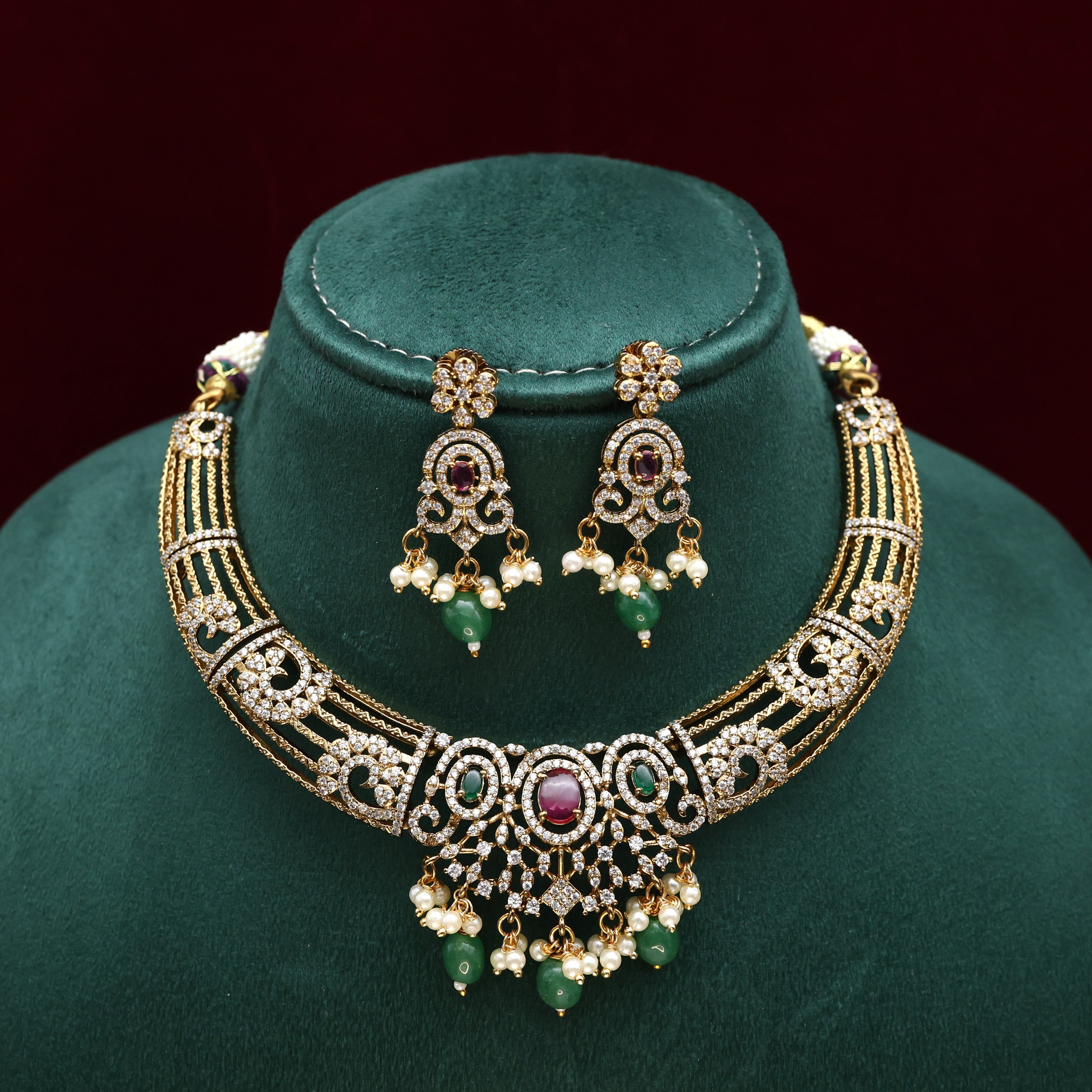 AD DIAMOND LOOK FLORAL BRIDAL HASLI NECKLACE SET - RUBY & GREEN