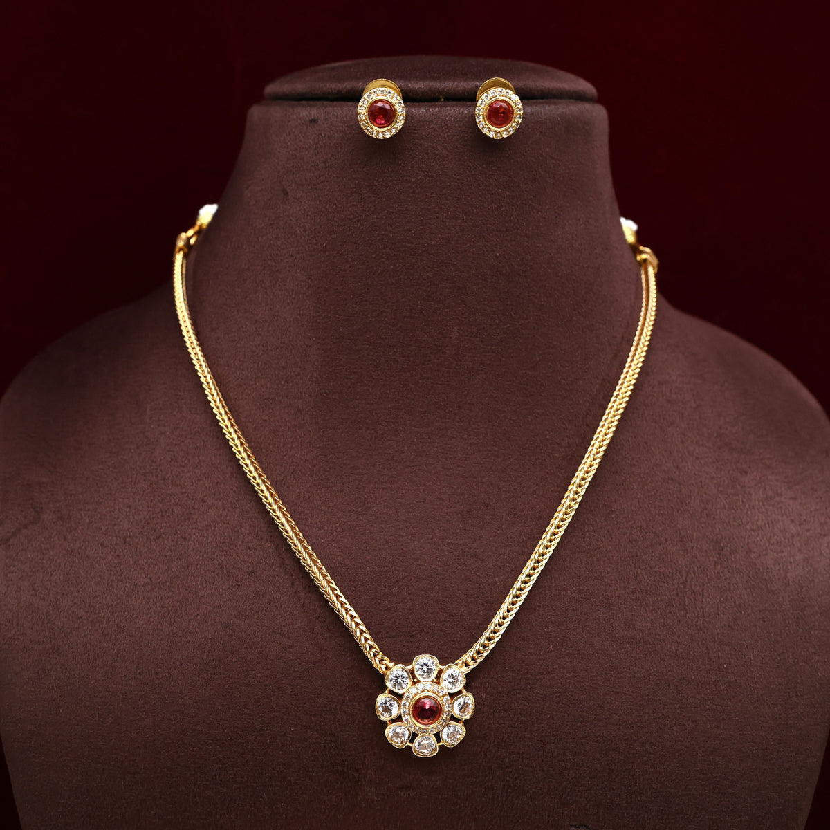 Cute Kids Friendly Small AD Flower Necklace Set - Ruby