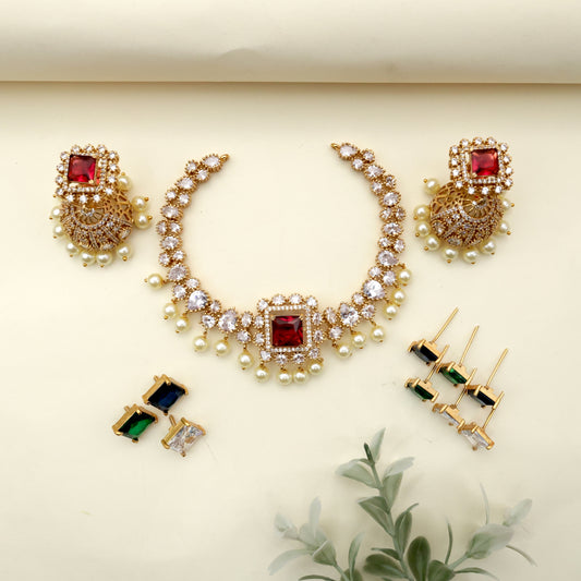 Diamond Look Stone Changeable AD Bridal Necklace Set