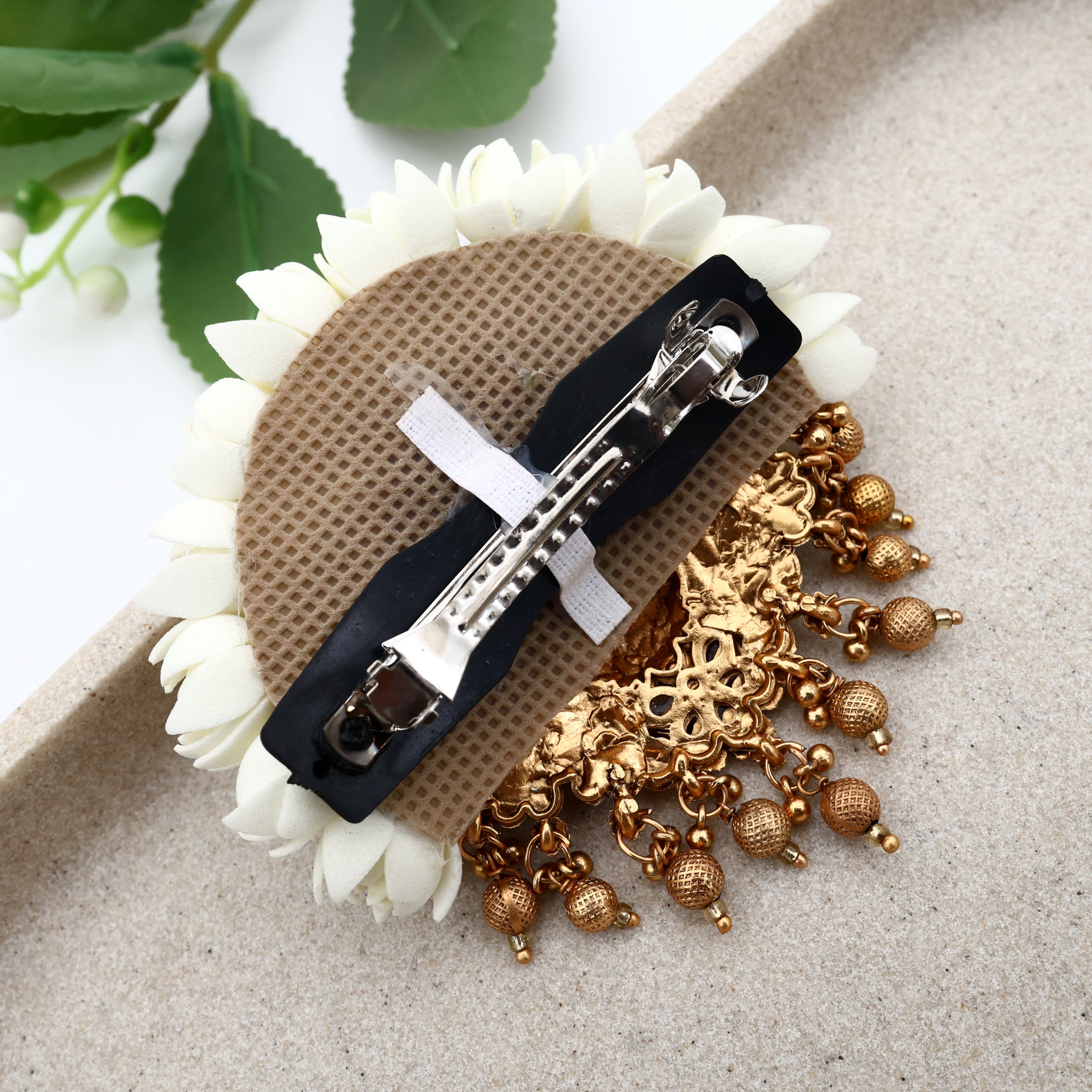 Antique Lakshmi Pendant Foam Bloomed Jasmine French Barrette Hair Clip