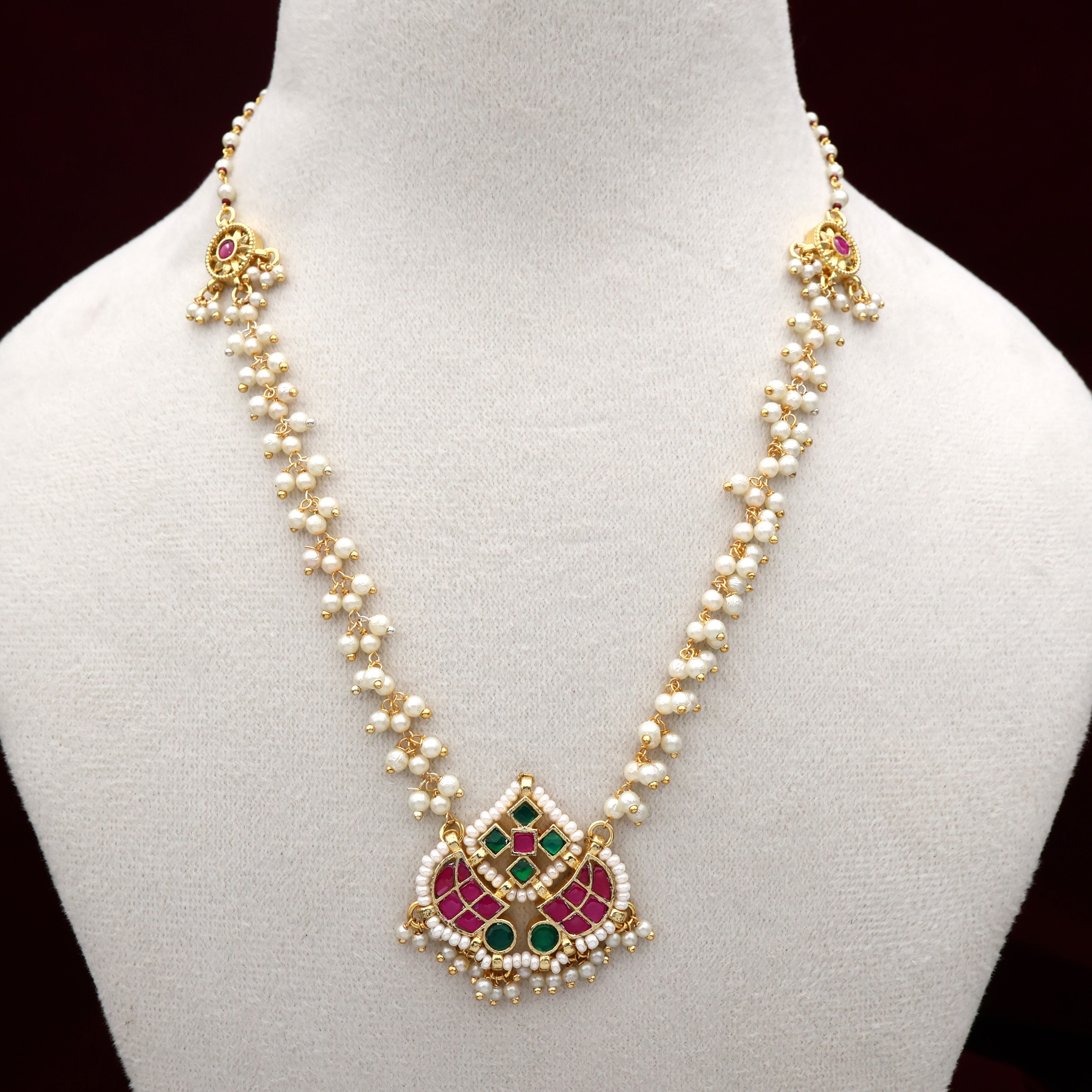 Gold Tone Pachi Kundan Double Sword Chakra Pearl Necklace