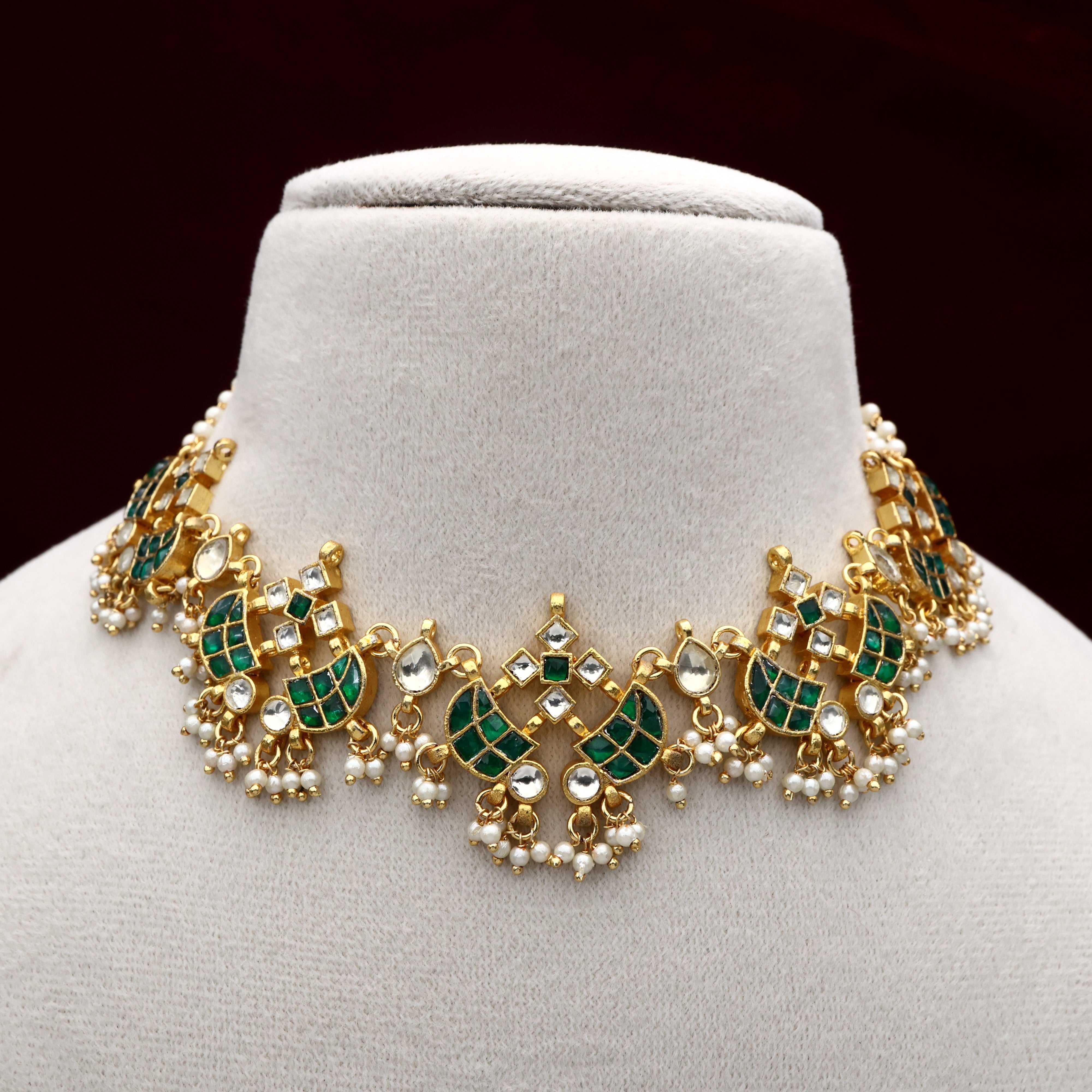 Gold Tone Pachi Kundan Double Sword Bridal Necklace - Green & White
