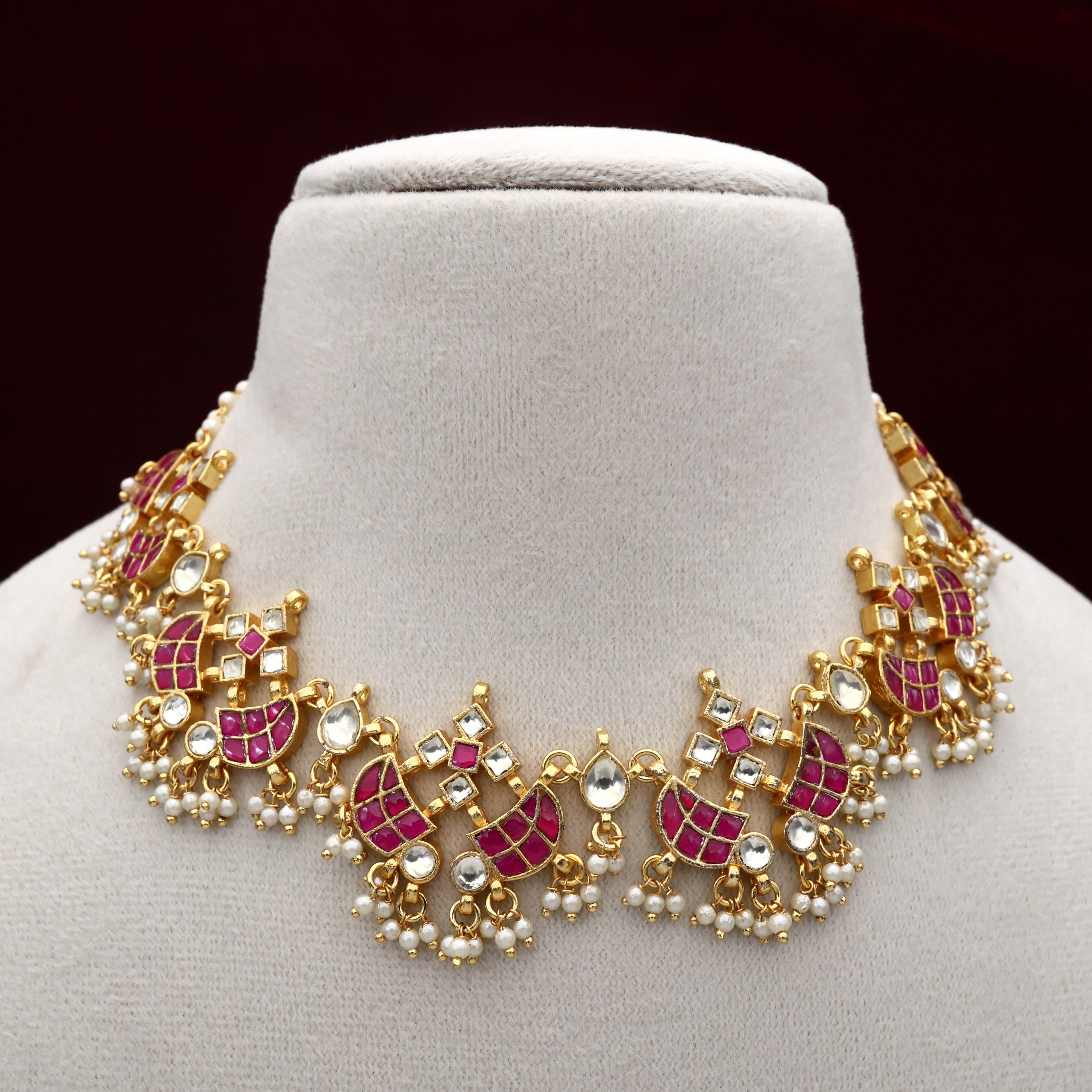 Gold Tone Pachi Kundan Double Sword Bridal Necklace - Ruby & White