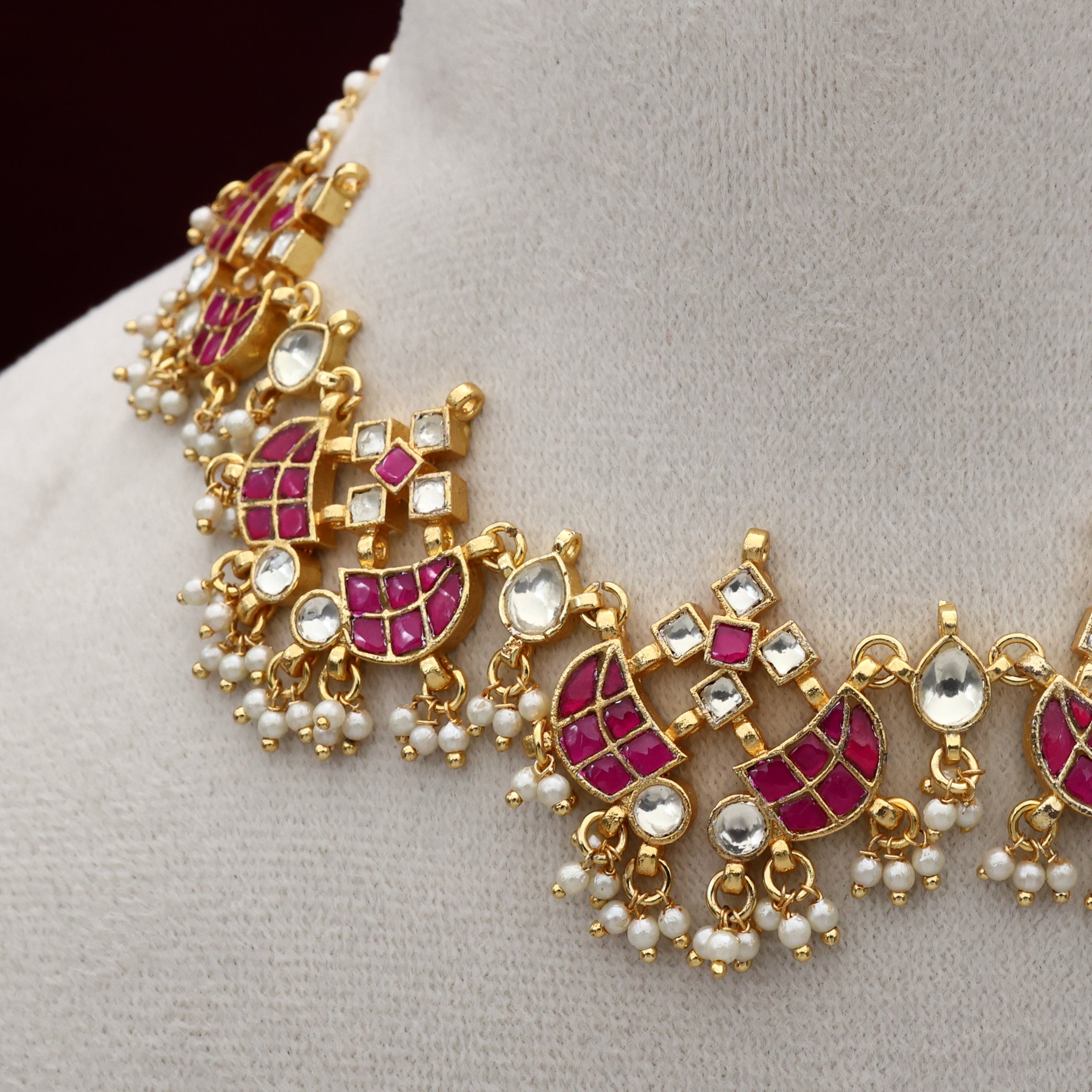 Gold Tone Pachi Kundan Double Sword Bridal Necklace - Ruby & White