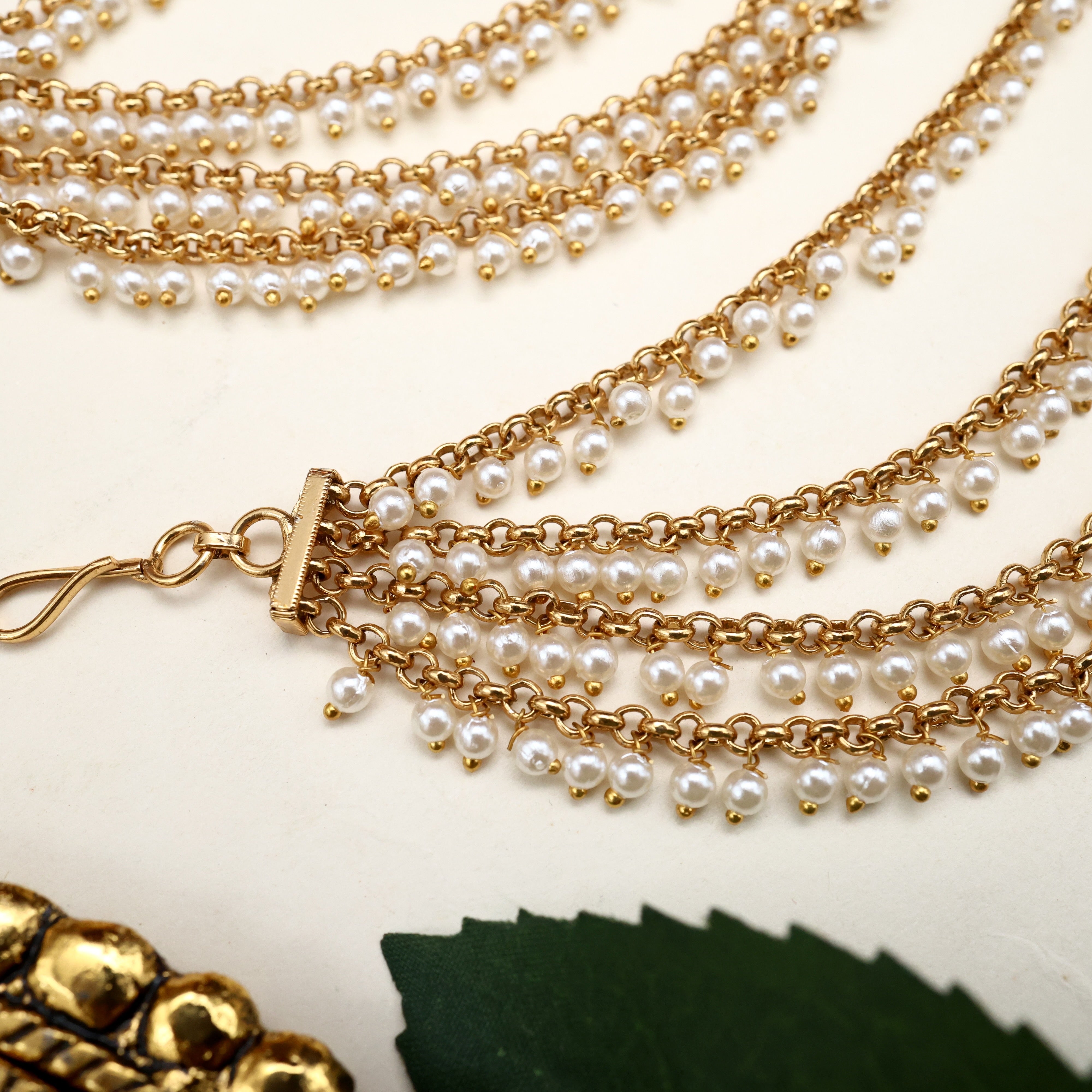 Antique Gold Pearl Hangings 4 Line Bridal Maatal/Ear Chain