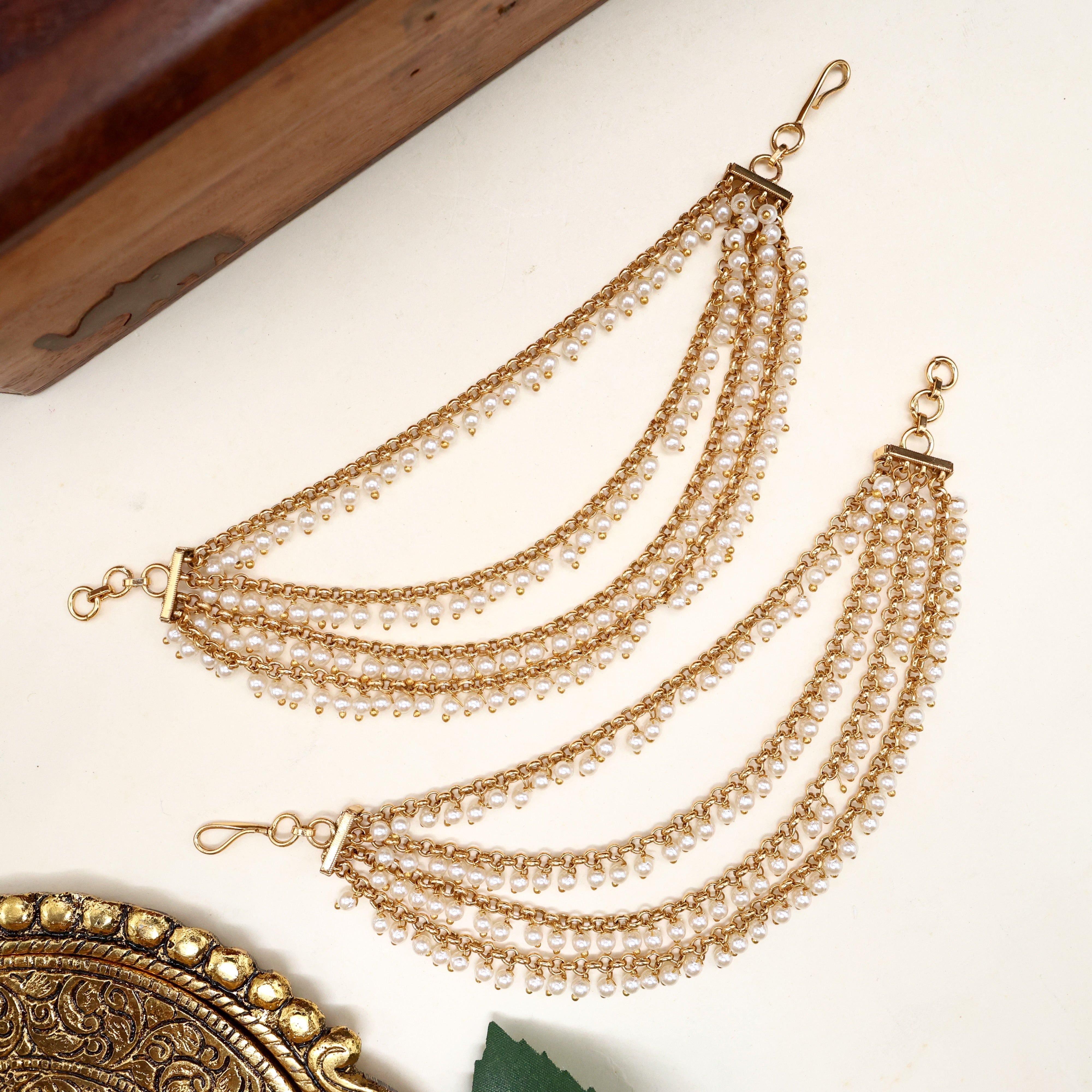 Antique Gold Pearl Hangings 4 Line Bridal Maatal/Ear Chain