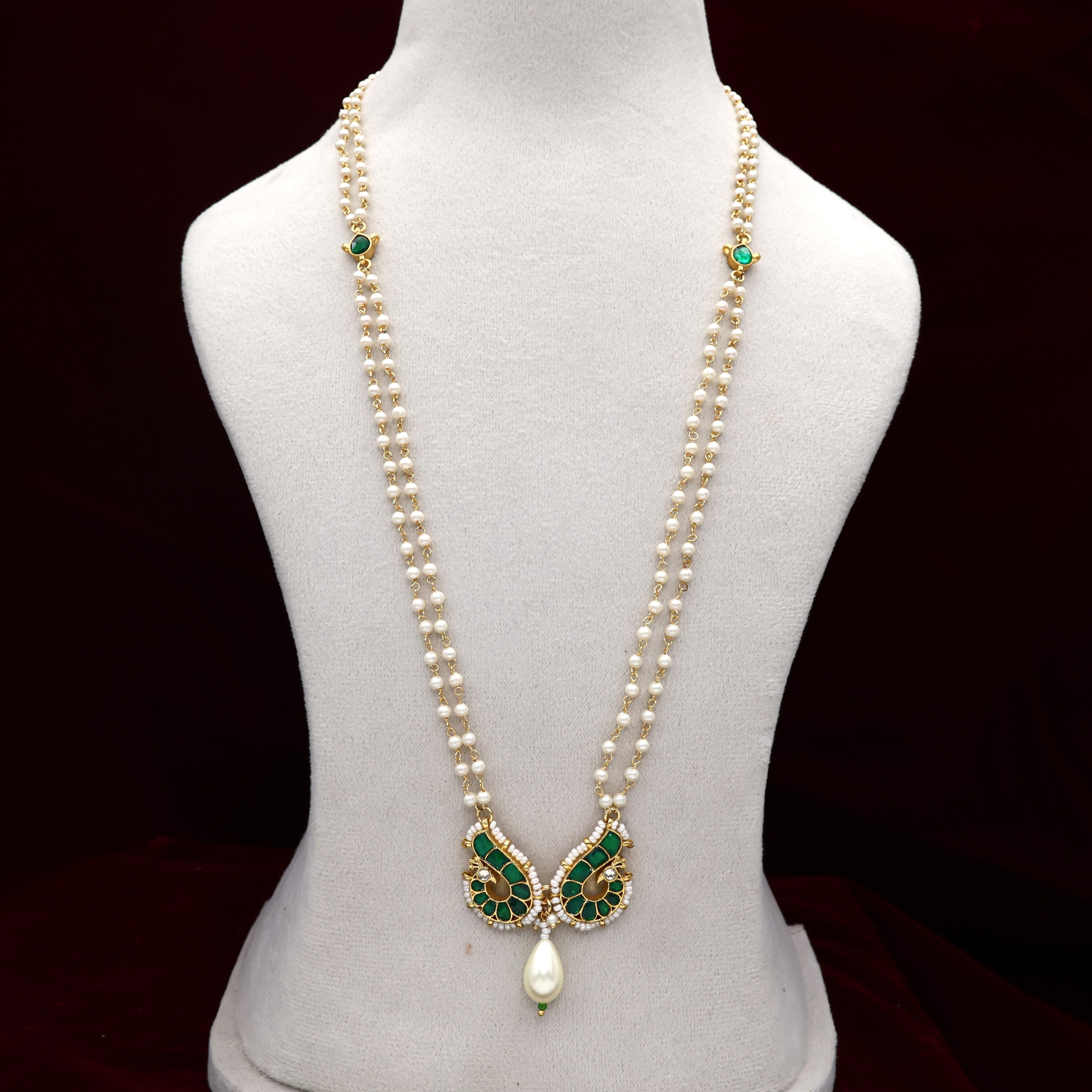 Premium Pachi Kundan Rettapakshi Pendant Double Line Pearl Long Chain